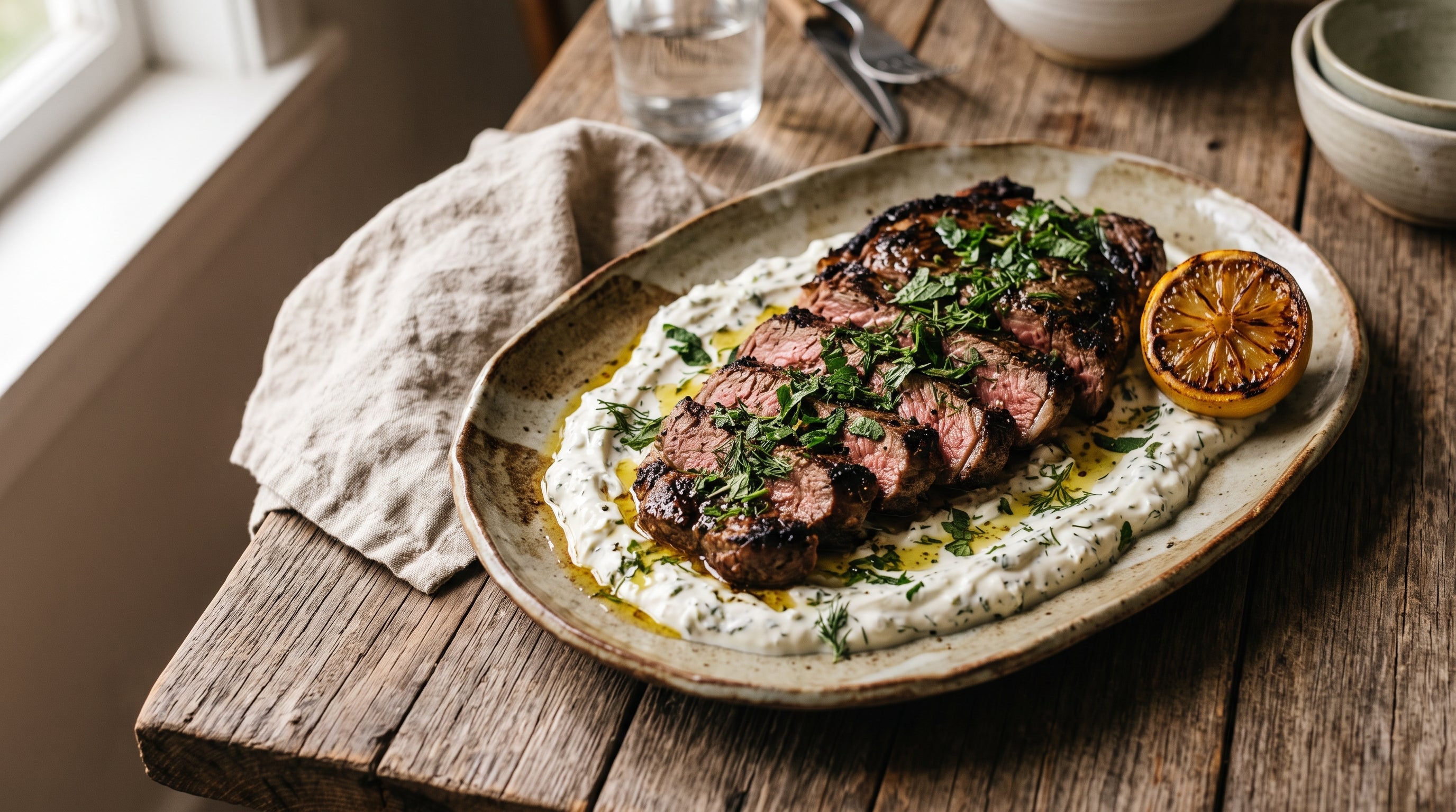 Charred marinated topside slices over herb yoghurt on a platter