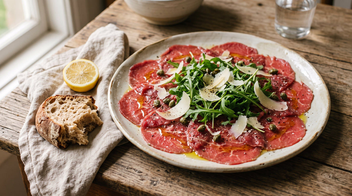 Beef carpaccio of thinly sliced raw grass-fed eye fillet with rocket, capers and shaved parmesan.