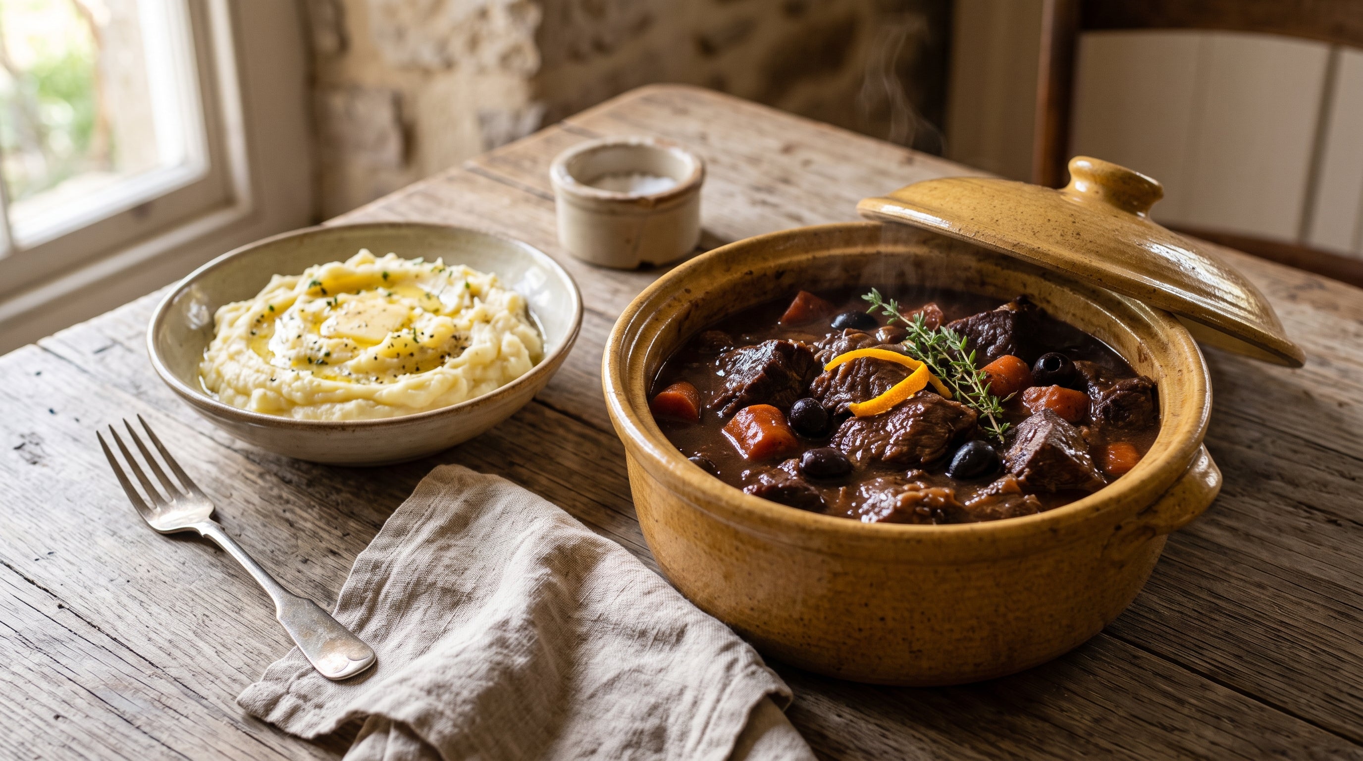 Beef daube provencale of grass-fed blade steak braised in red wine with black olives and orange zest.