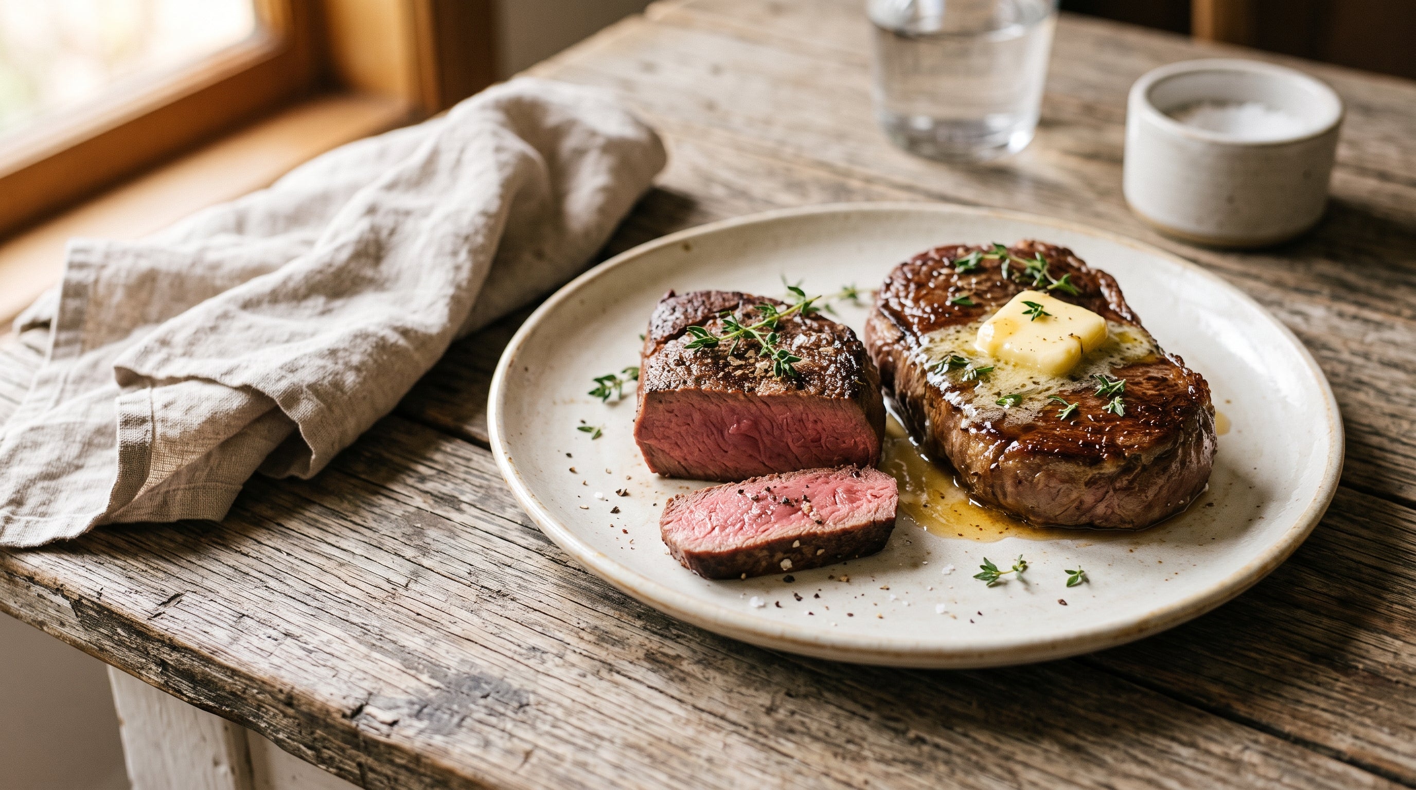 Grass-fed eye fillet steaks, one sliced to show a rare pink centre
