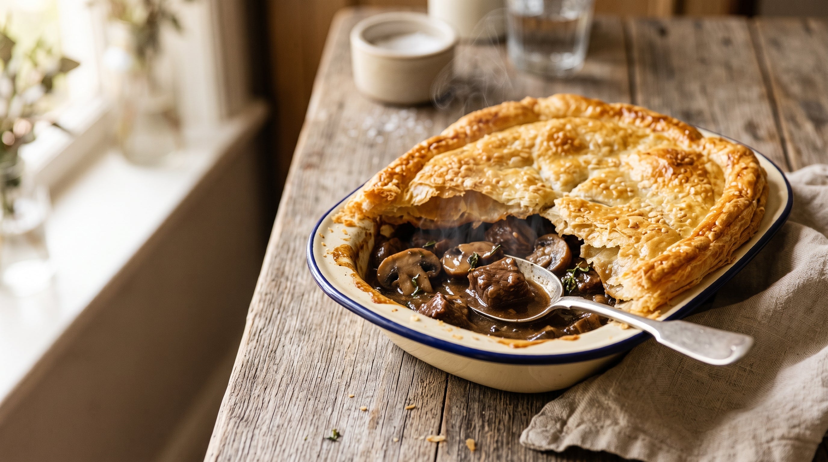 Grass-fed beef and mushroom pie with golden puff pastry broken open