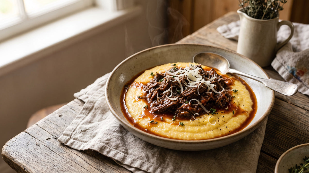 Slow-cooked grass-fed beef rib ragu, shredded off the bone, served over soft parmesan polenta.