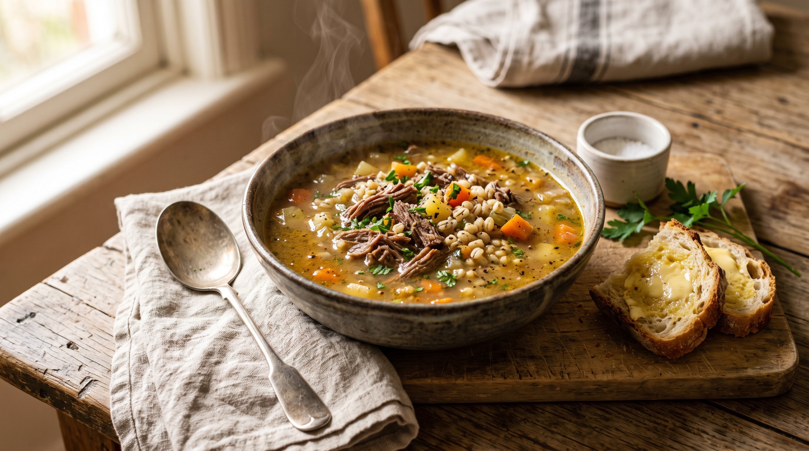 Hearty grass-fed beef rib and winter vegetable soup with pearl barley, served with buttered bread.