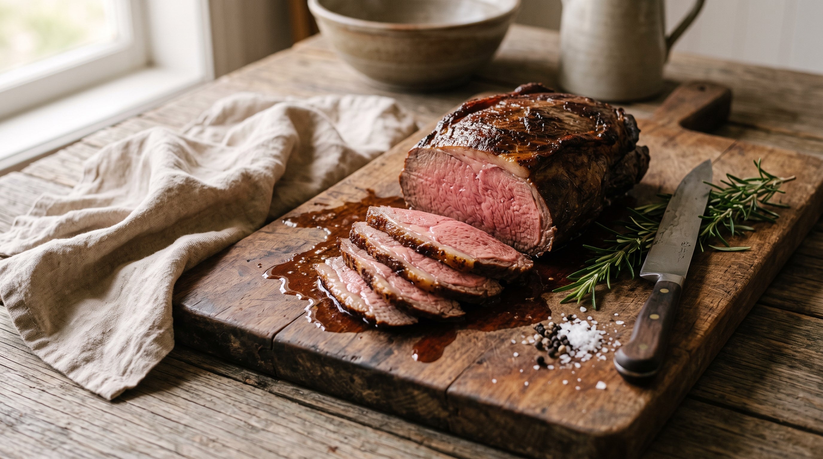 Carved grass-fed beef Sunday roast with a pink centre on a timber board