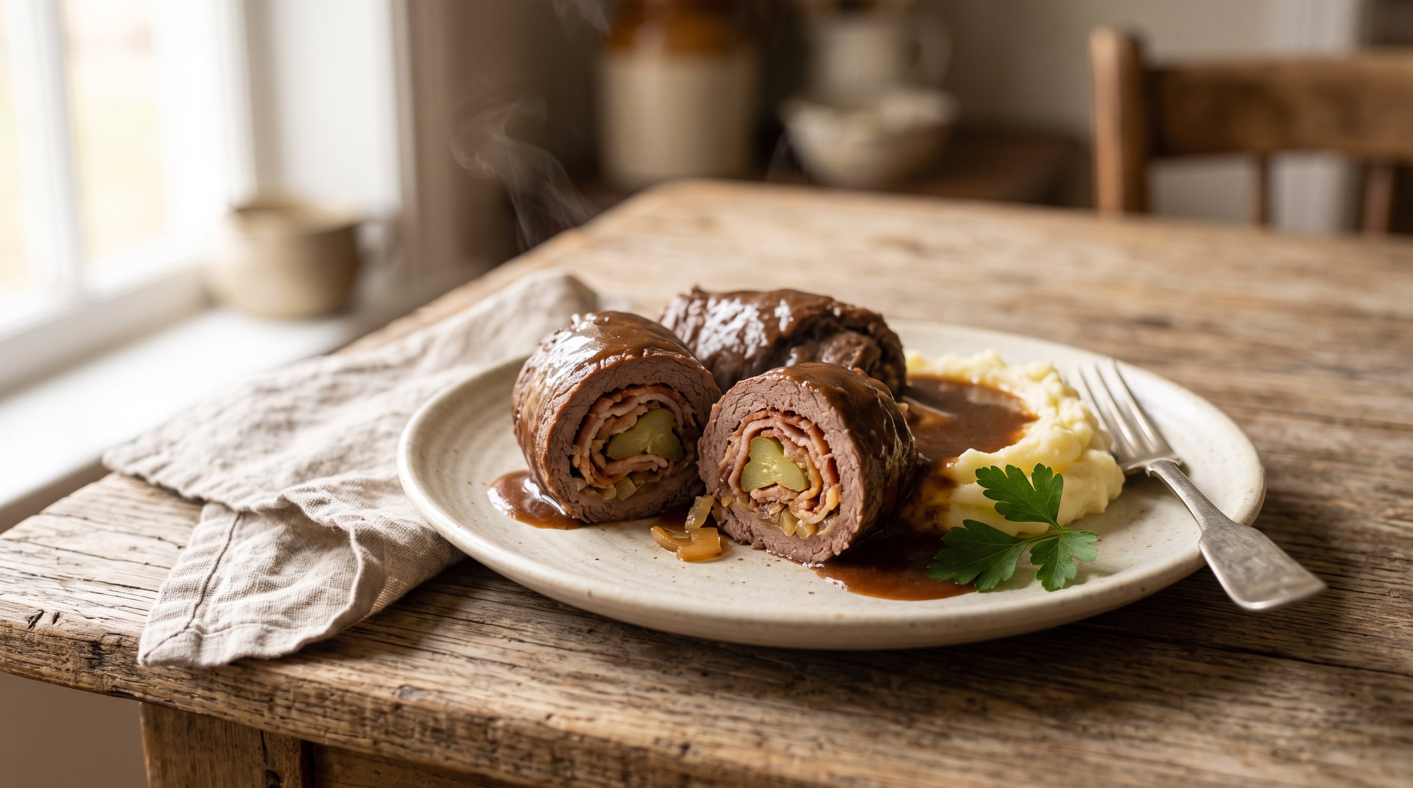 German beef rouladen made with thin-cut grass-fed round steaks, sliced open to show the bacon, onion and pickle filling, served with gravy and mash.
