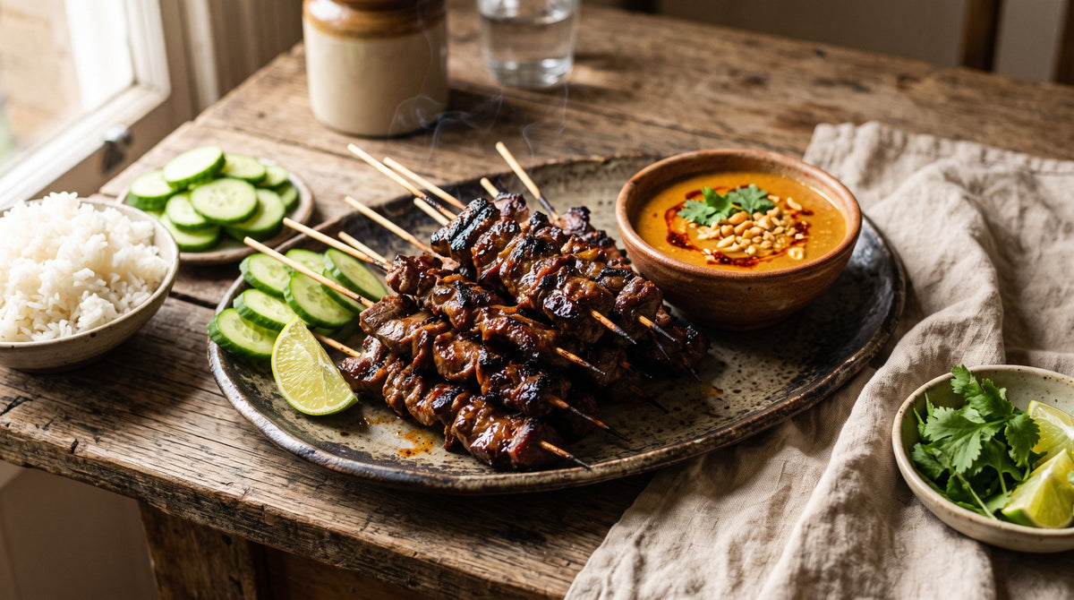 Charred beef satay skewers made with grass-fed rump steak, served with homemade peanut sauce, rice and cucumber.