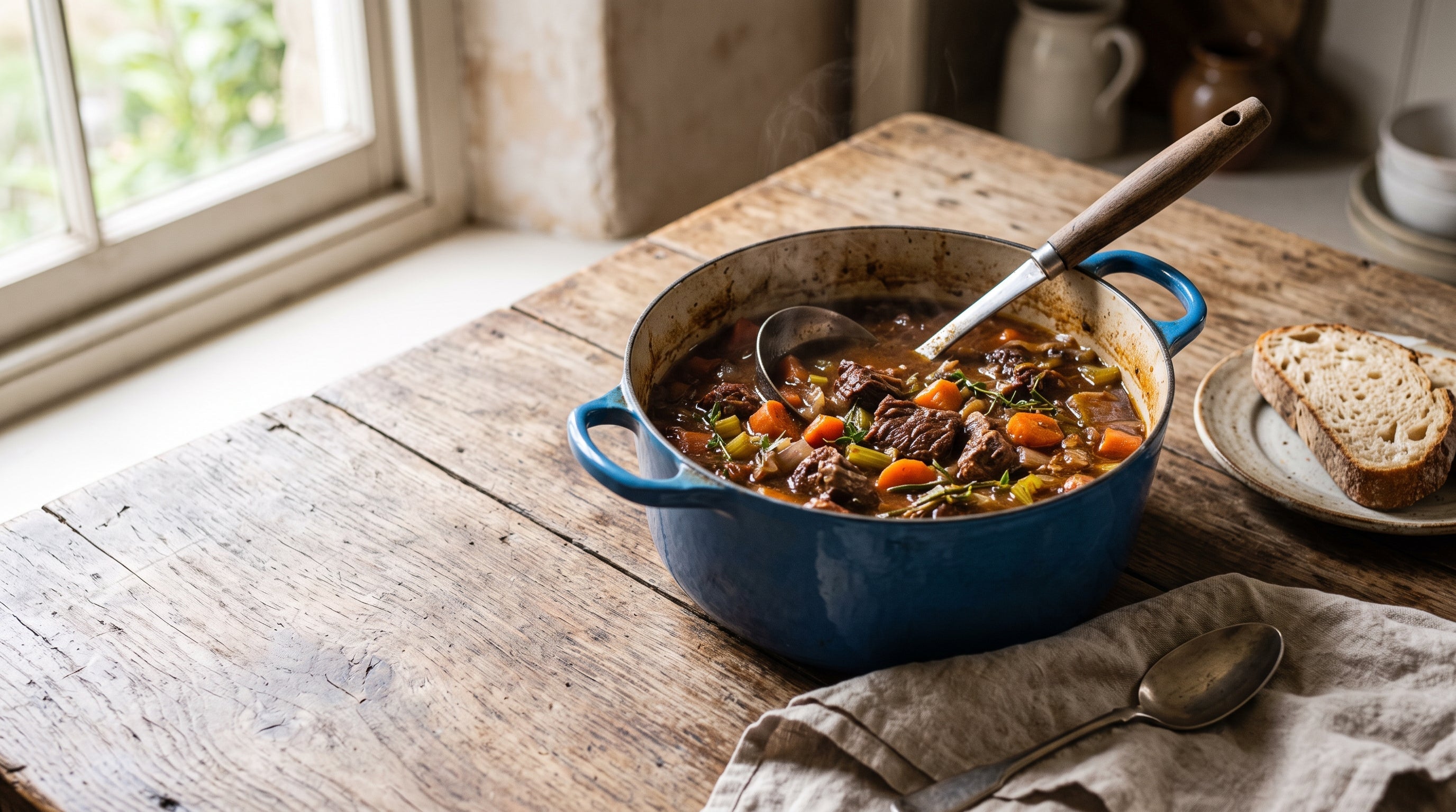 Slow-cooked grass-fed beef stew with root vegetables in an enamel pot