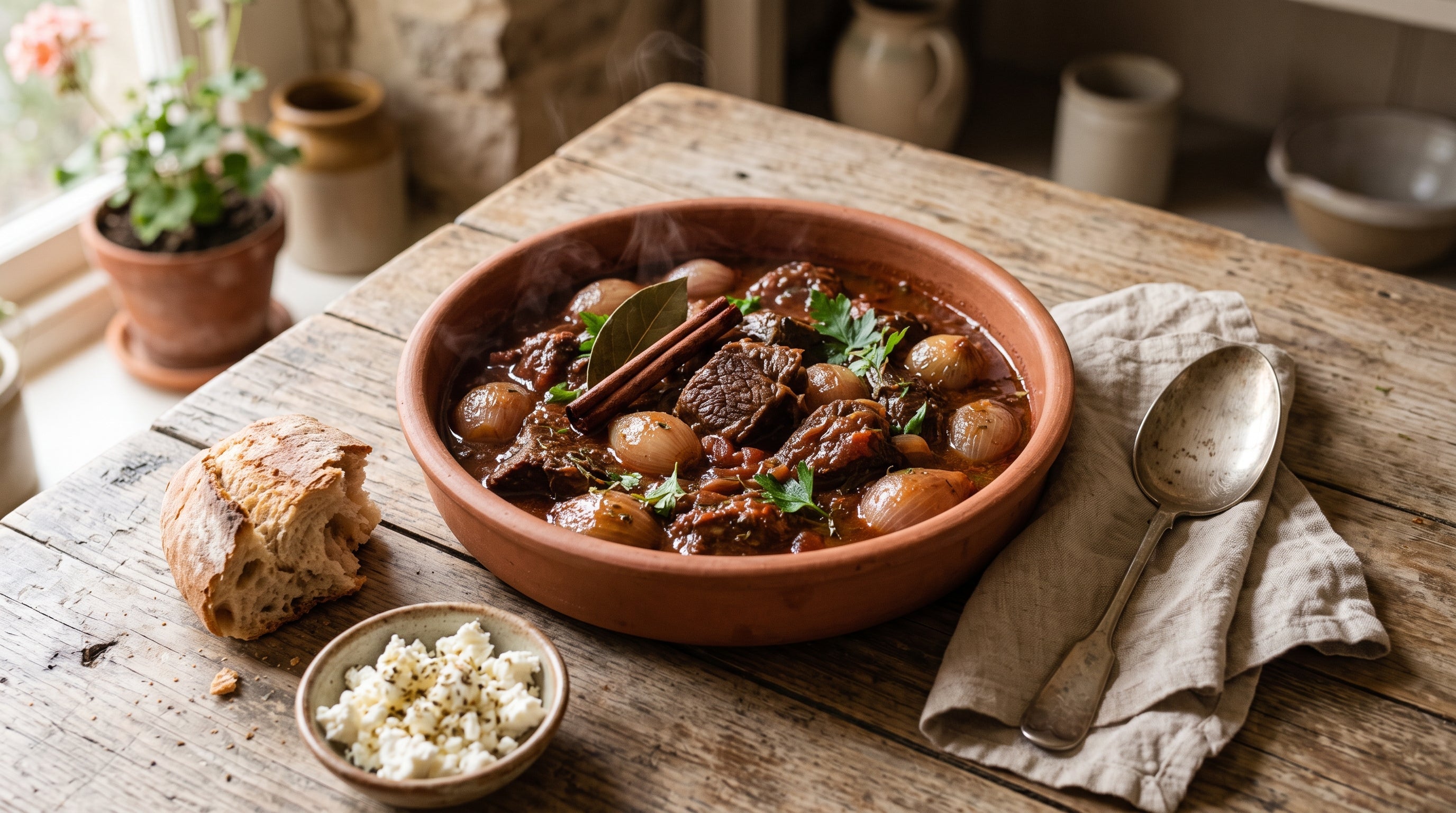 Greek beef stifado of grass-fed blade steak braised with whole baby onions in red wine and tomato.