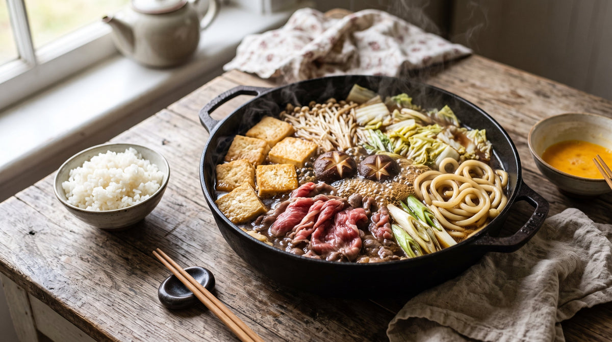 Home-style beef sukiyaki with thinly sliced grass-fed scotch fillet, tofu, mushrooms, wombok and udon simmering in a shallow pot.