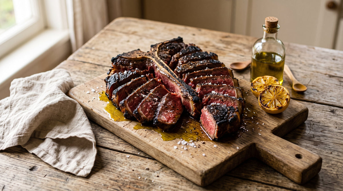 Bistecca alla fiorentina made with a grass-fed T-bone, carved rare and dressed with olive oil, salt and lemon.
