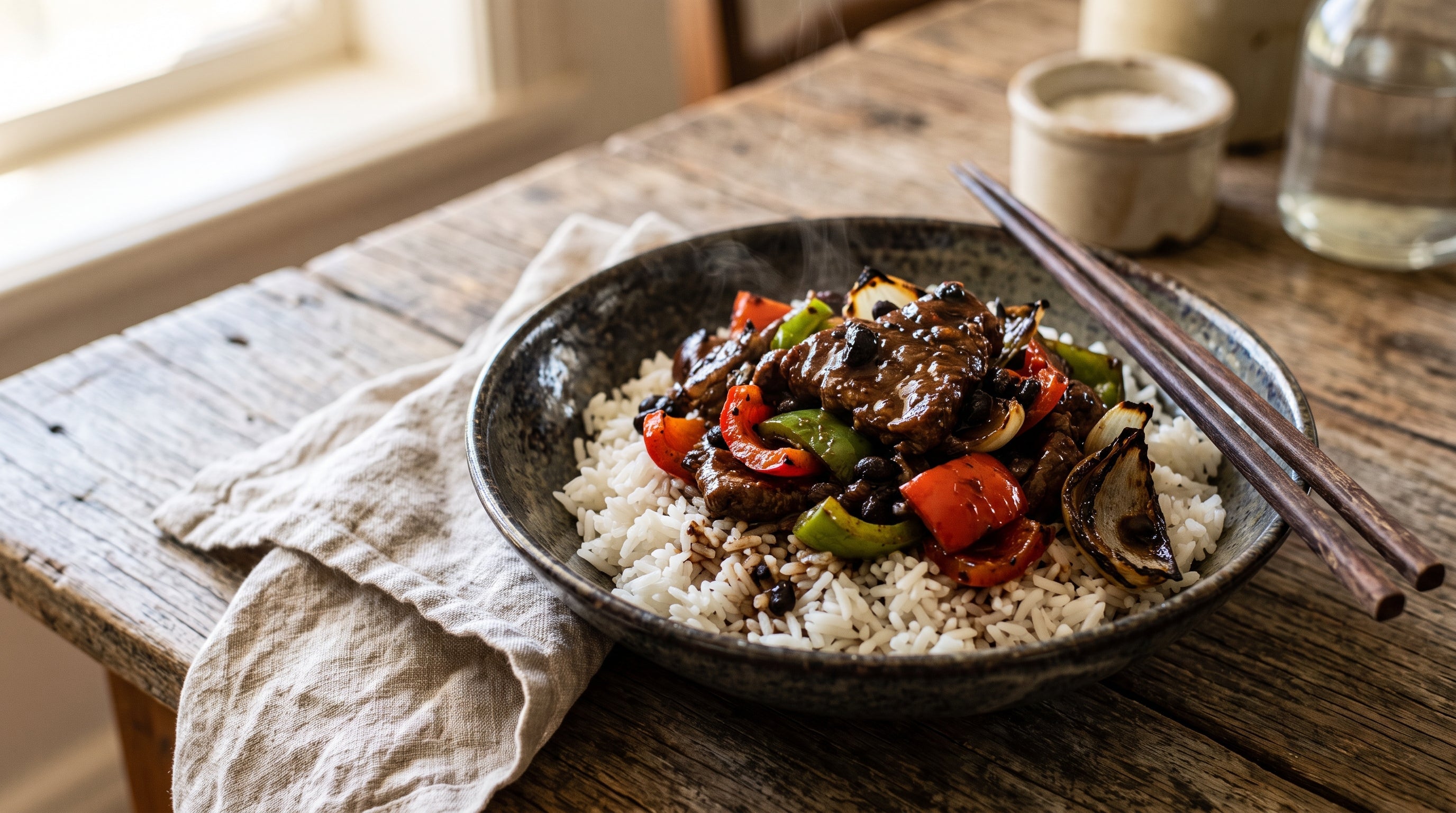 Beef and capsicum stir-fry with black bean sauce made with grass-fed rump steak, served over rice in a ceramic bowl.