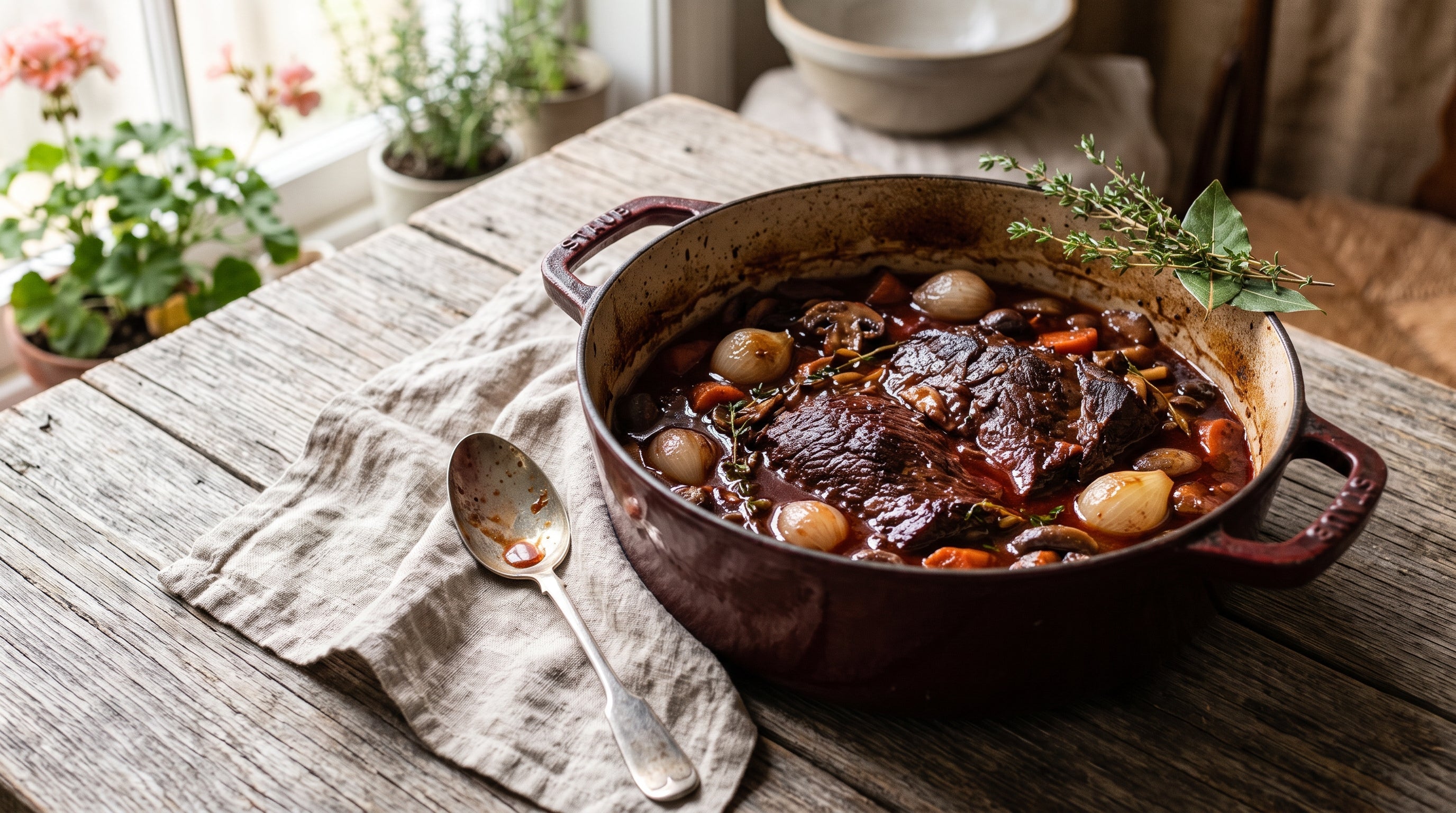 Grass-fed blade steak braised in red wine with mushrooms in a cocotte