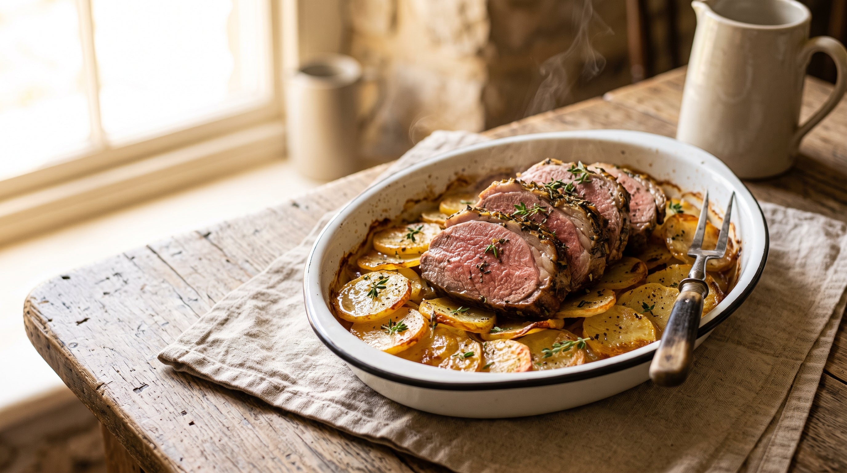 Boulangère lamb with rosy slices of grass-fed lamb roast served over thin layers of potato baked in stock.