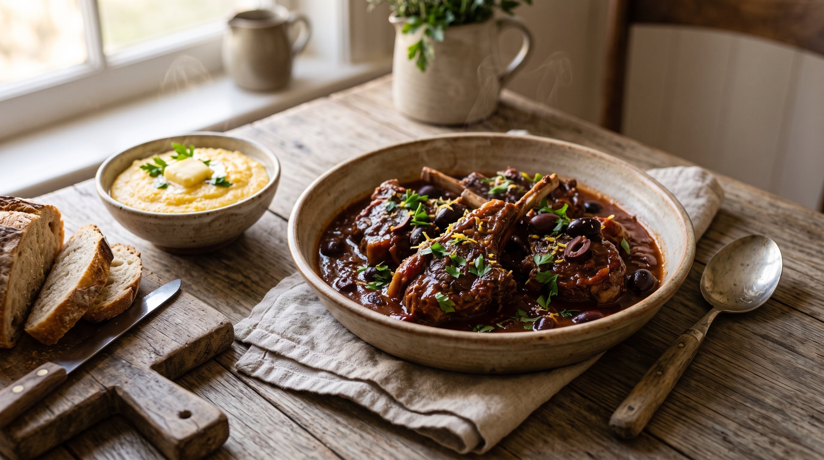 Braised lamb forequarter chops in tomato sauce with Kalamata olives, finished with parsley and lemon zest.
