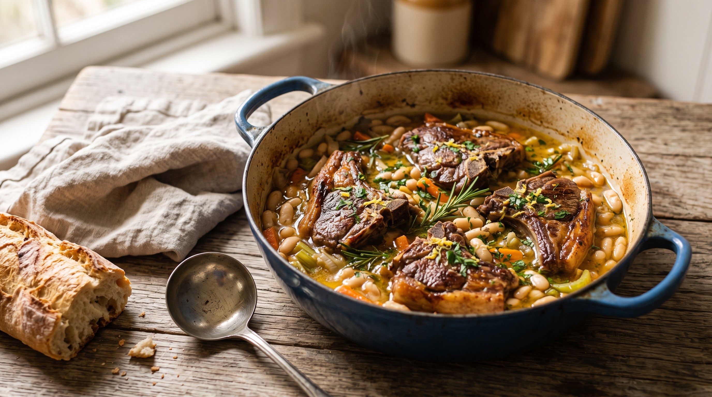 French-style braised lamb forequarter chops with creamy white beans, parsley and lemon zest in a casserole pot.