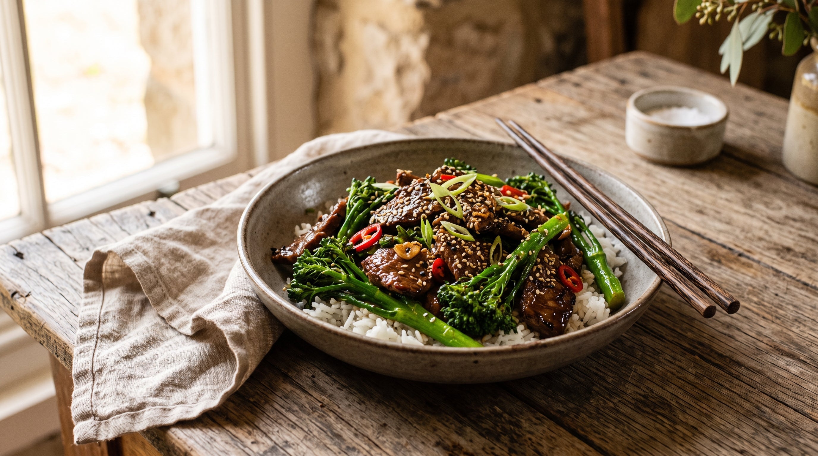 Grass-fed topside and broccolini stir-fry with oyster sauce over rice