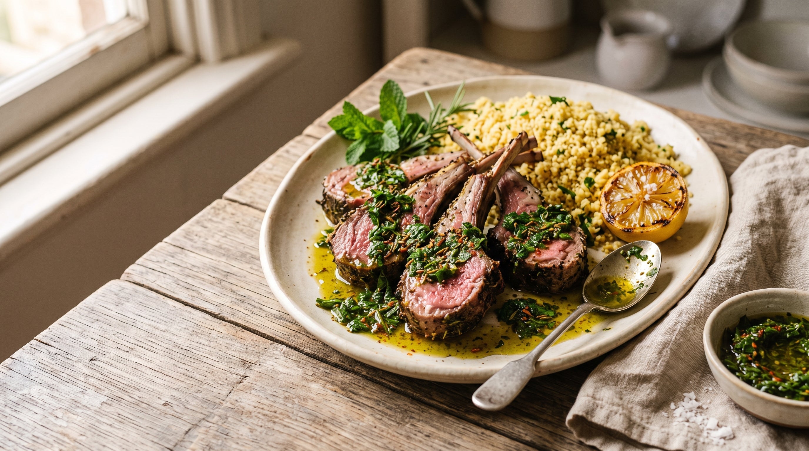 Pan-seared grass-fed lamb cutlets dressed with bright green chermoula sauce beside couscous.