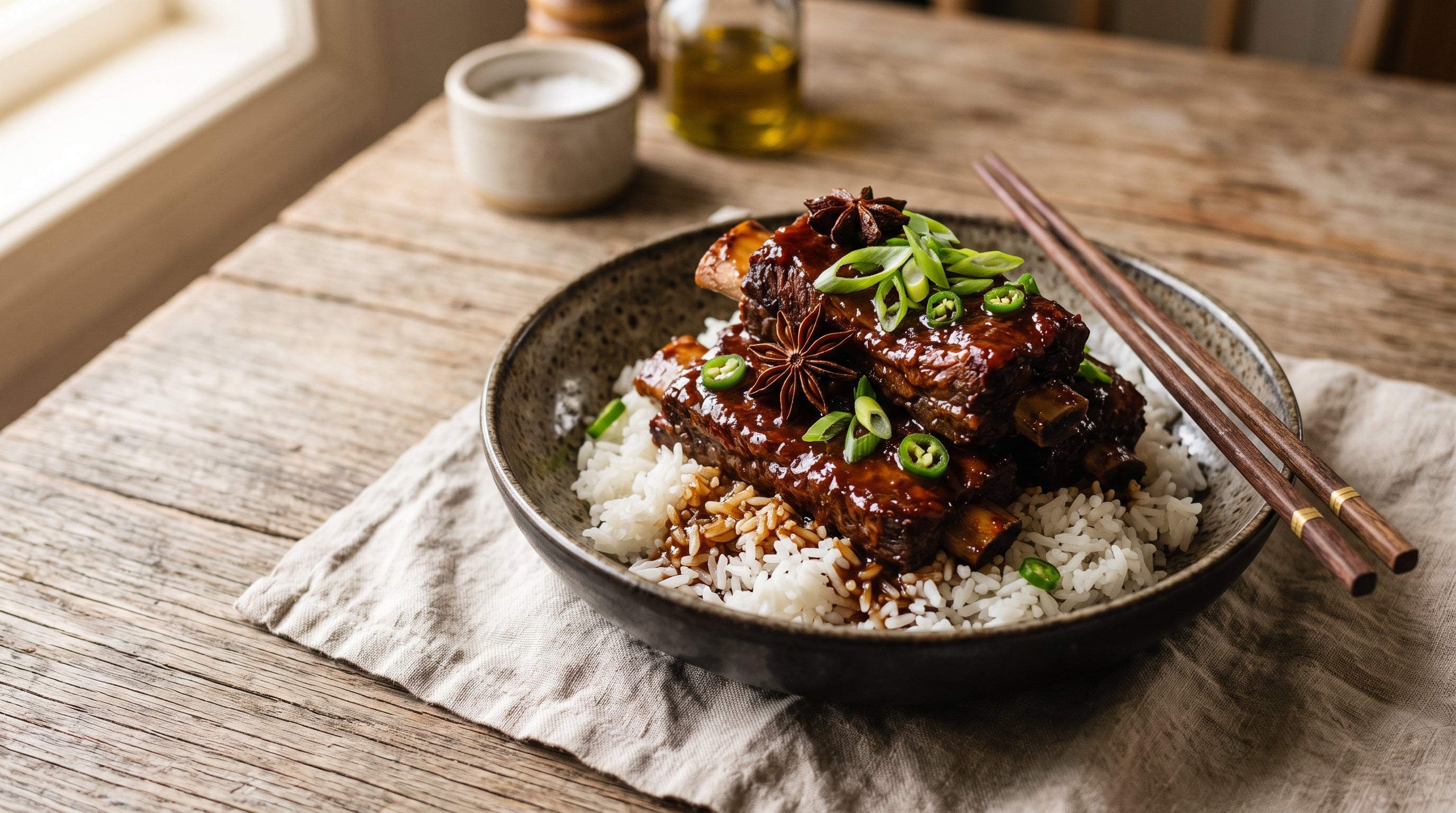Chinese red-braised grass-fed beef ribs with star anise, glazed sticky and served over jasmine rice.