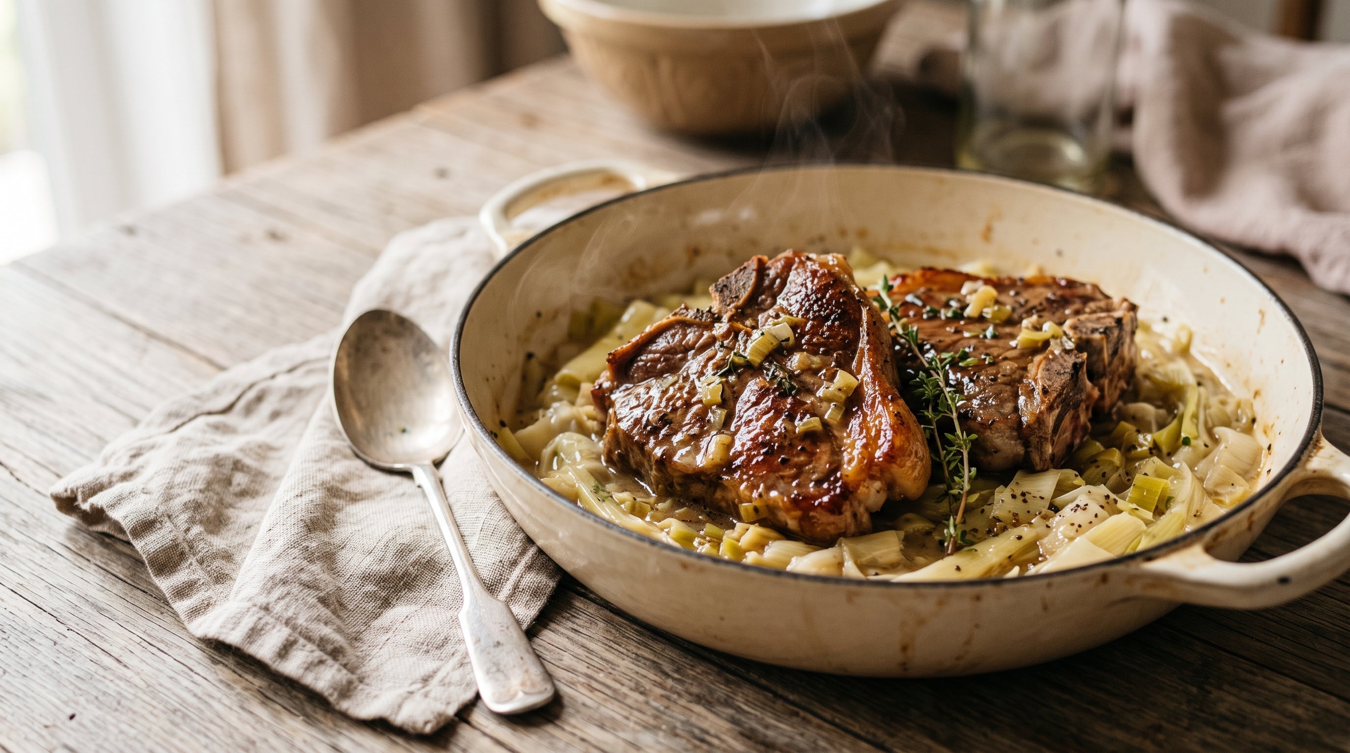 Grass-fed lamb chump chops braised with silky leeks in a white wine sauce, served in a casserole dish.