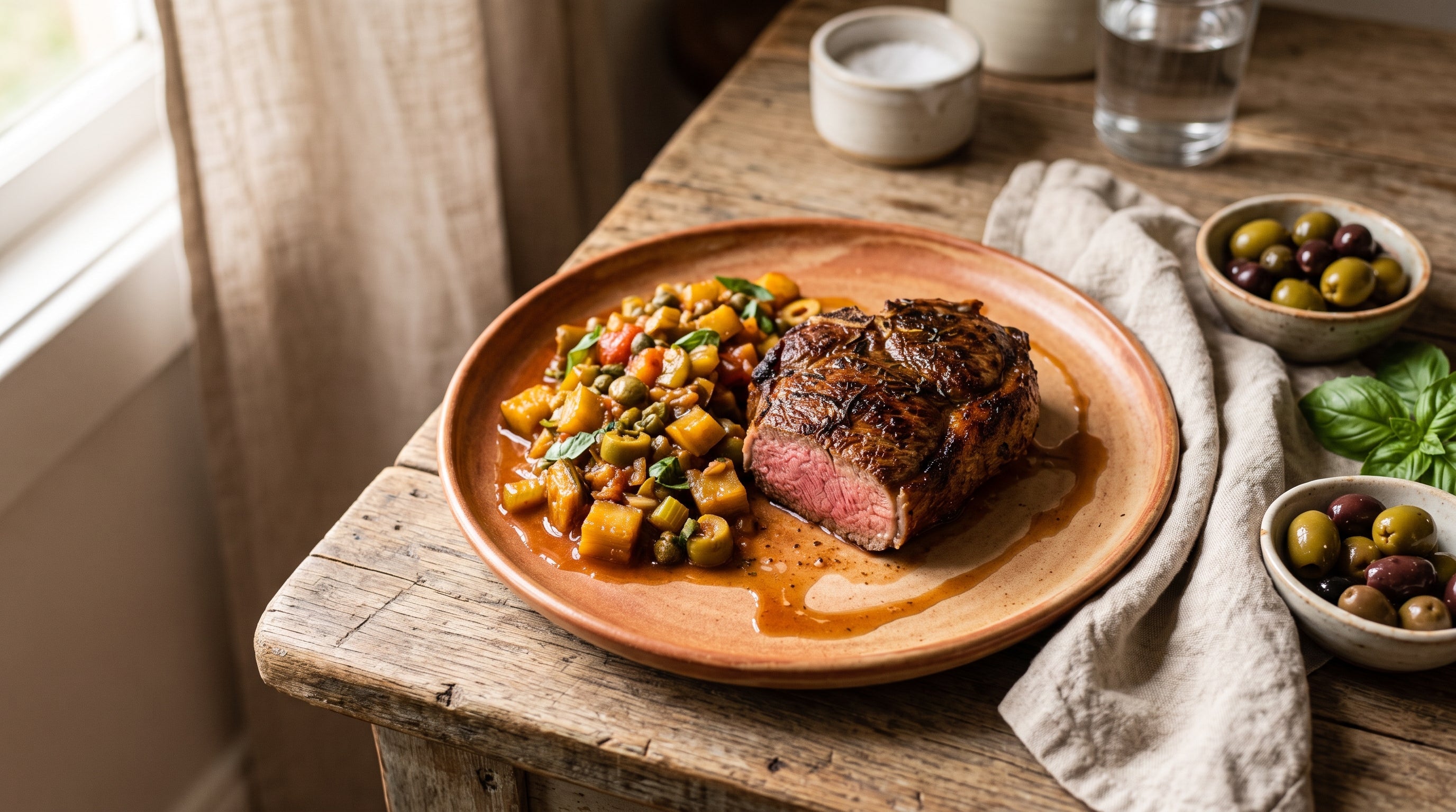 Pan-seared grass-fed lamb chump chop served with sweet and sour Sicilian eggplant caponata.