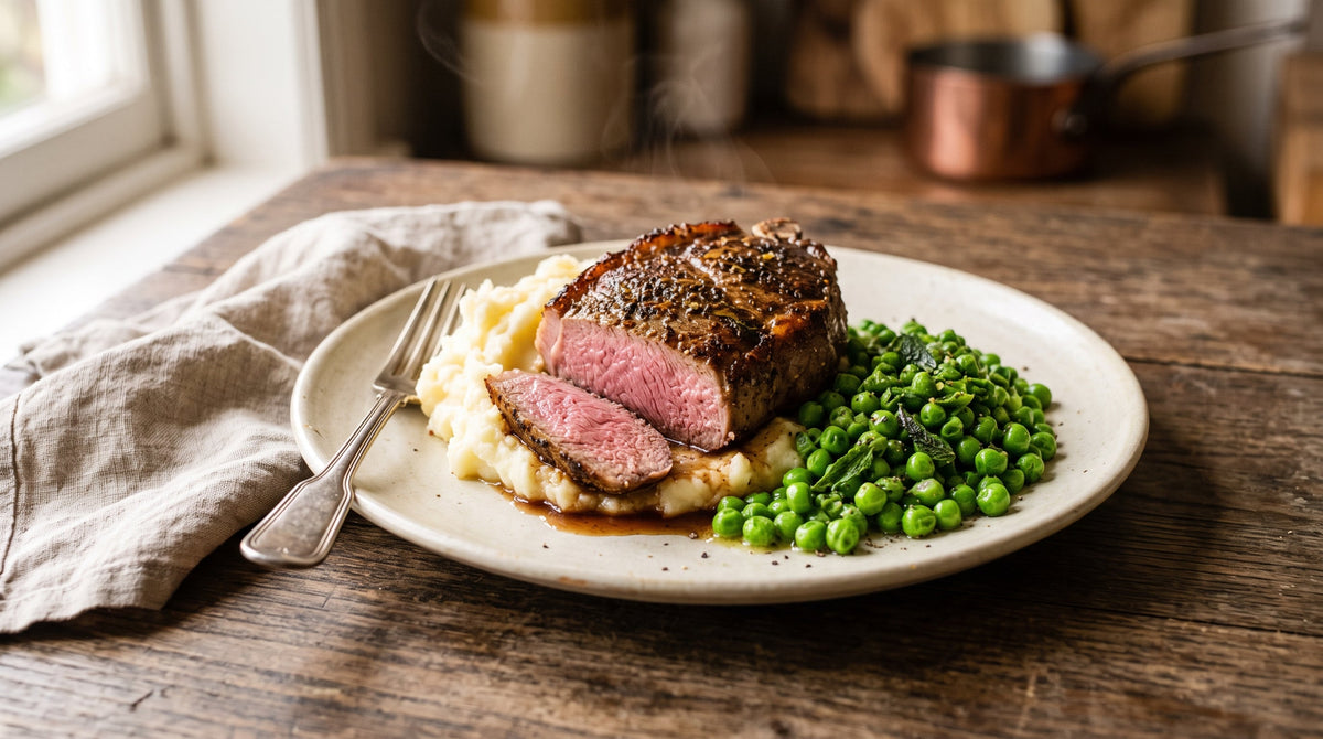 Pan-seared grass-fed lamb chump chop served with creamy mash and buttery minted peas.