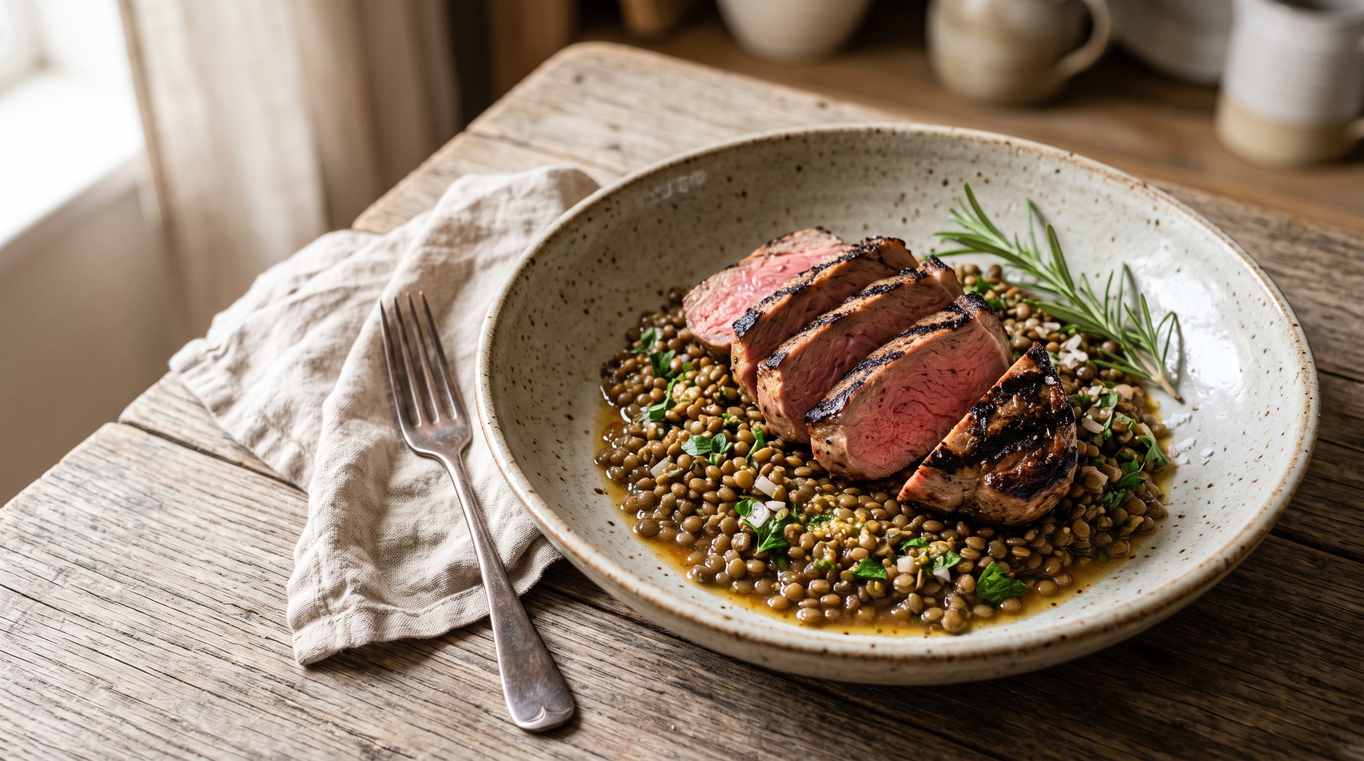 Grilled grass-fed lamb chump chops sliced over a warm French-style lentil salad with mustard dressing.