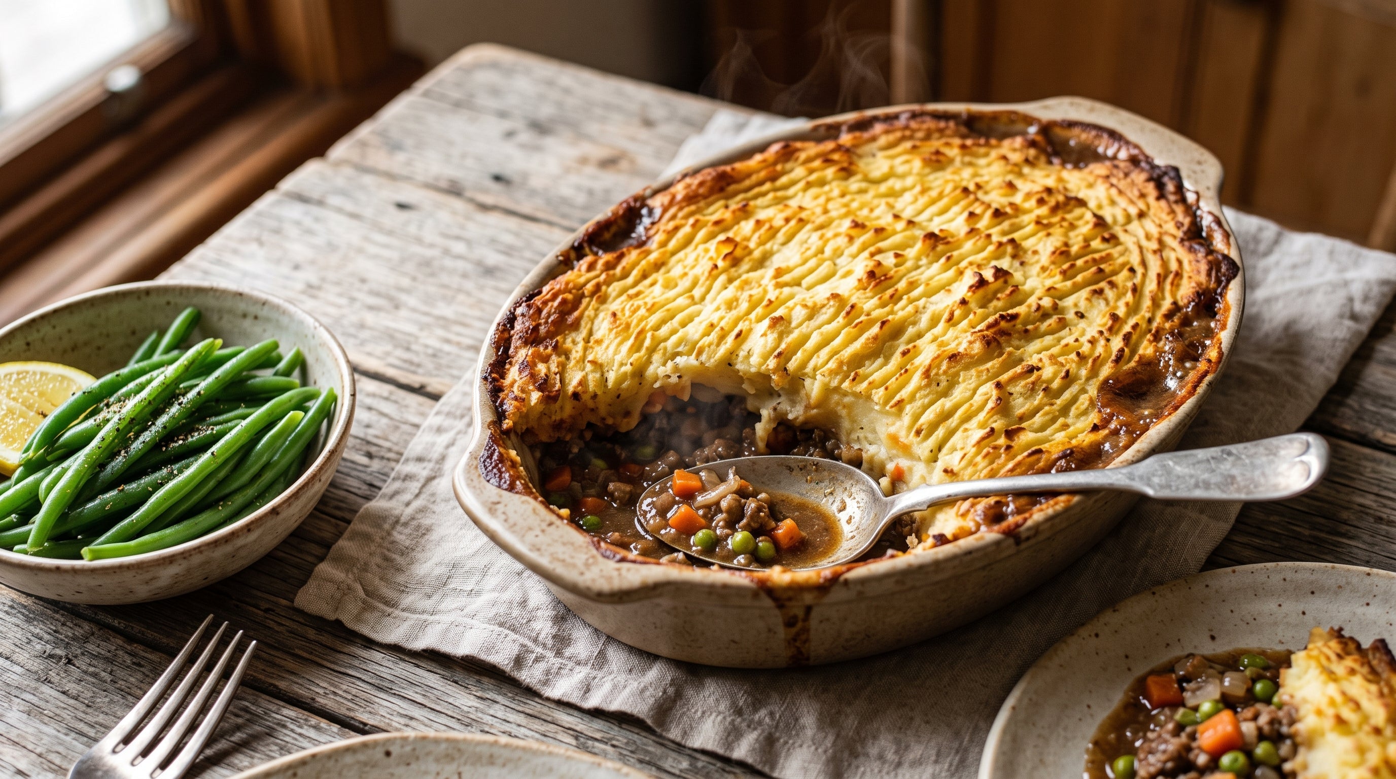 Traditional shepherd's pie made with grass-fed lamb mince under a golden forked mash topping.