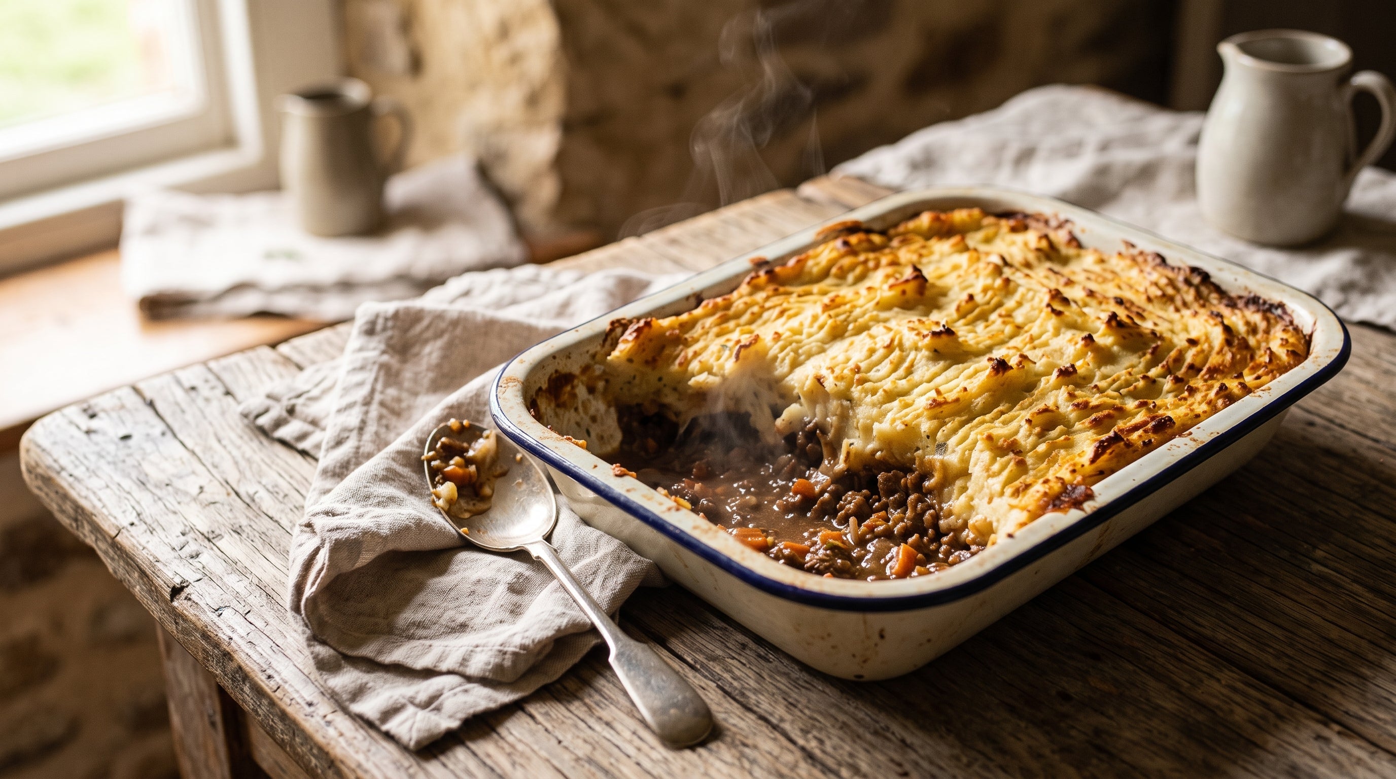 Grass-fed beef cottage pie with golden celeriac and potato mash topping