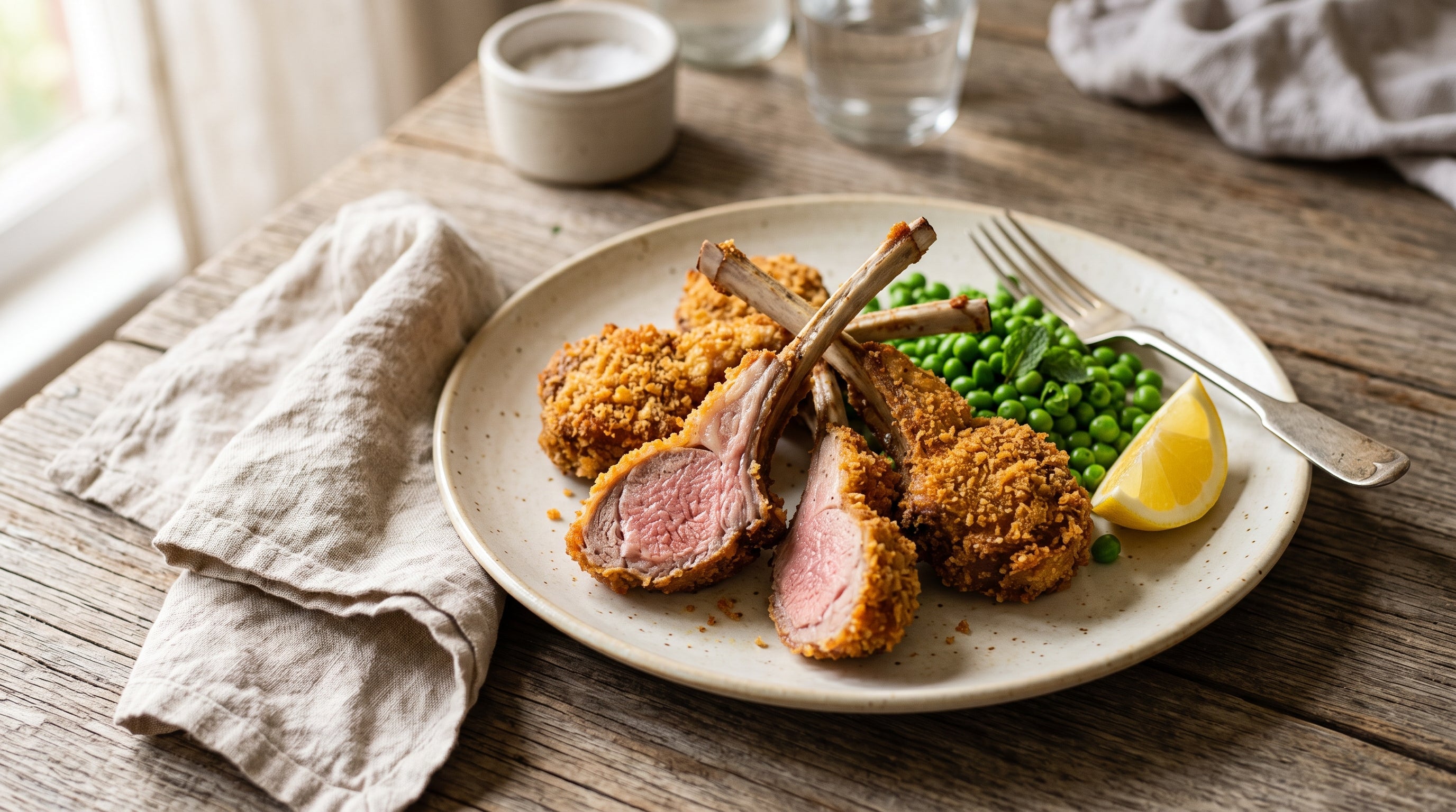 Golden crumbed grass-fed lamb cutlets with peas and a lemon wedge, one cut open to show pink lamb inside.