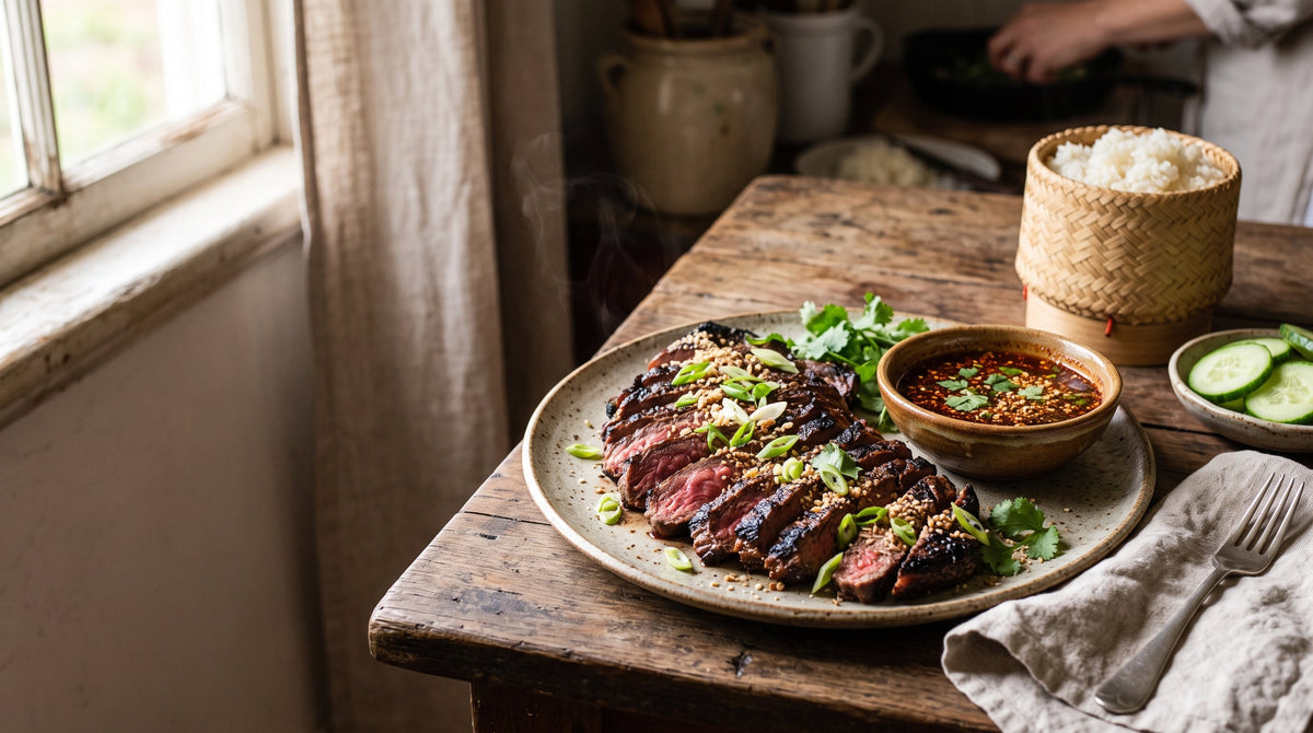 Crying tiger Thai grilled rump steak sliced thin and served with nam jim jaew dipping sauce and sticky rice.