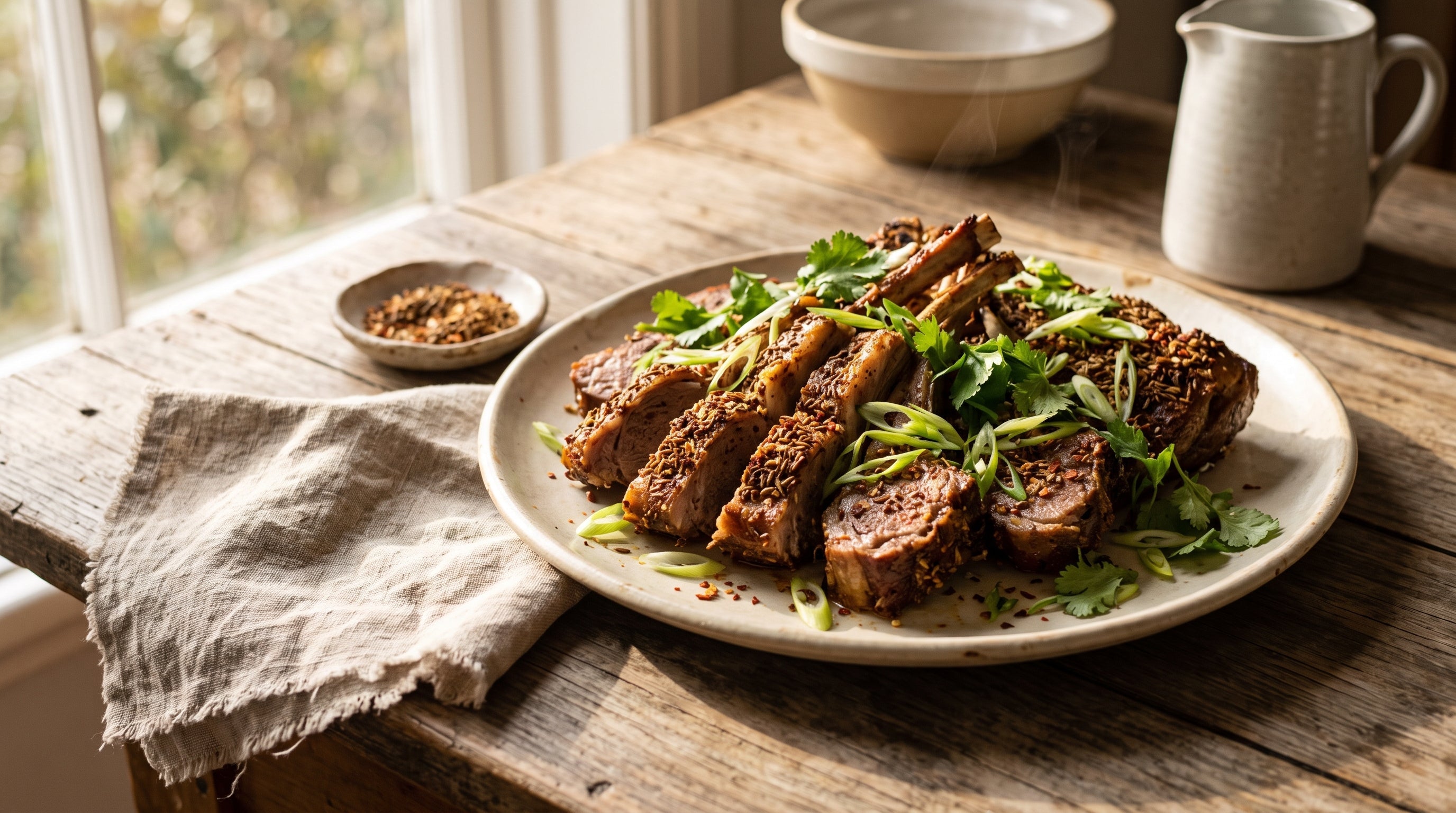 Cumin-crusted grass-fed lamb ribs in the Xinjiang style, sliced and scattered with spring onion and coriander.