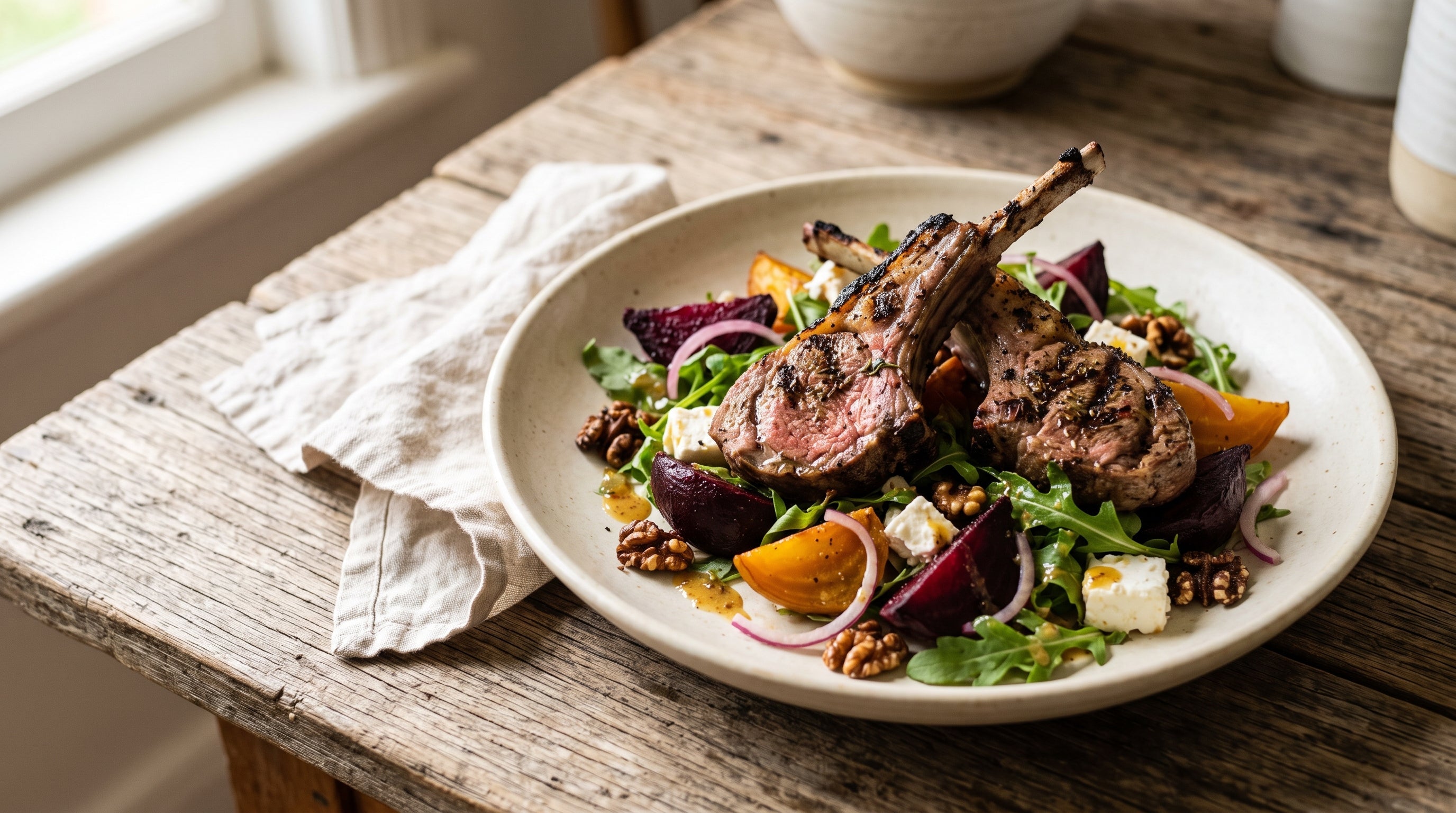 Grilled grass-fed lamb cutlets on a roasted beetroot, feta, rocket and walnut salad.