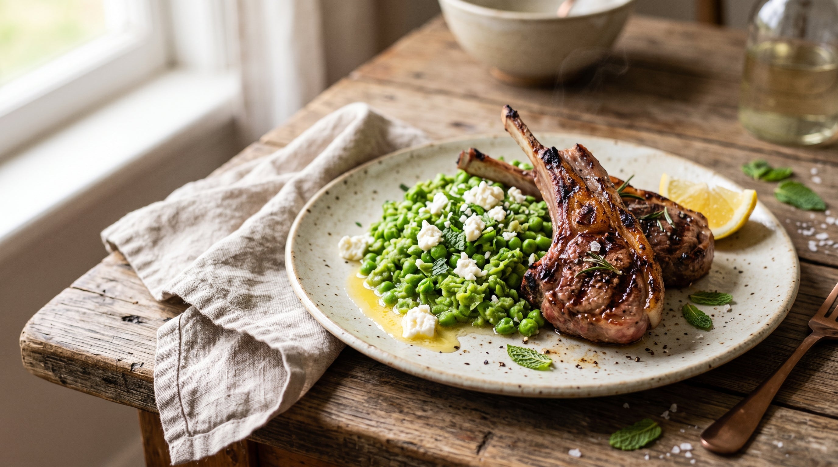 Grill-pan grass-fed lamb cutlets resting on buttery smashed peas with mint and crumbled feta.