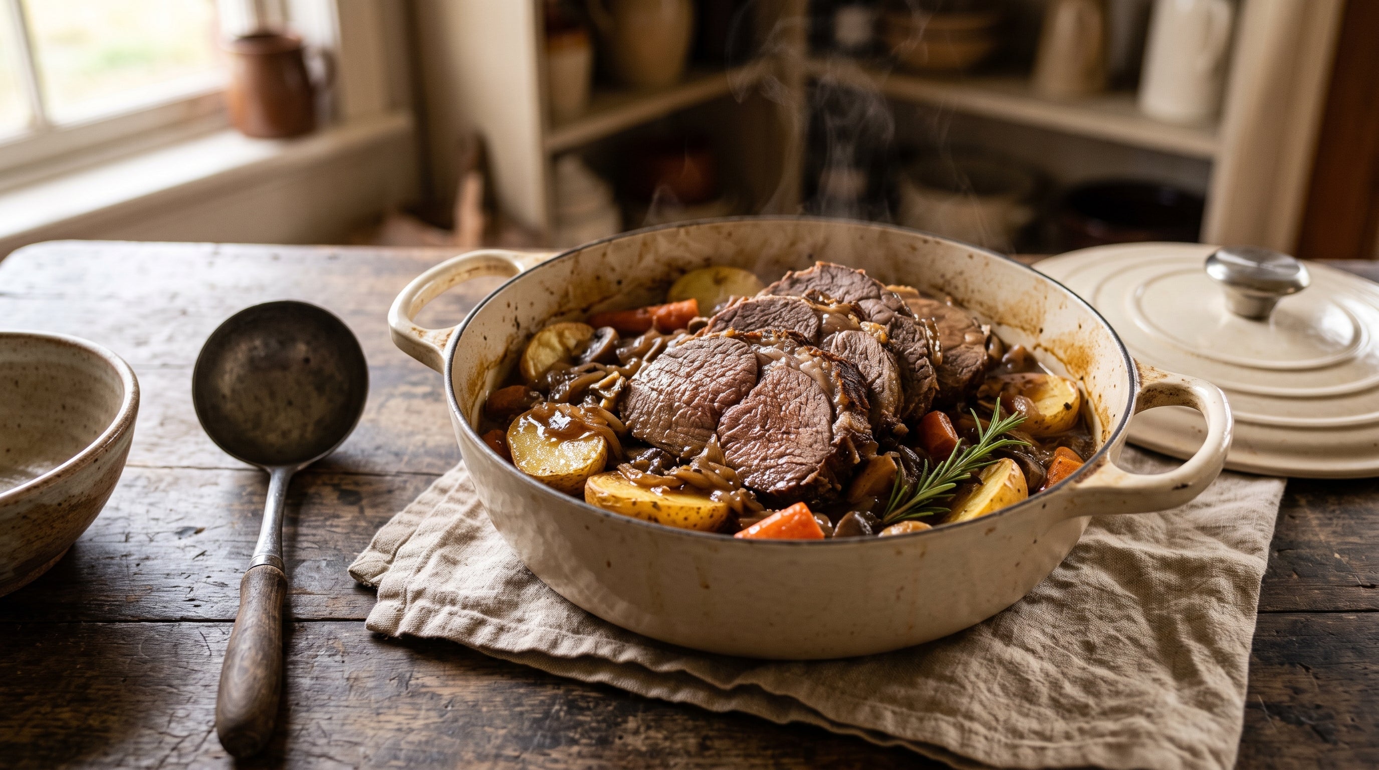 A Dutch-oven one-pot dinner of carved grass-fed beef roast with potatoes, carrots and onion gravy, served straight from the pot.
