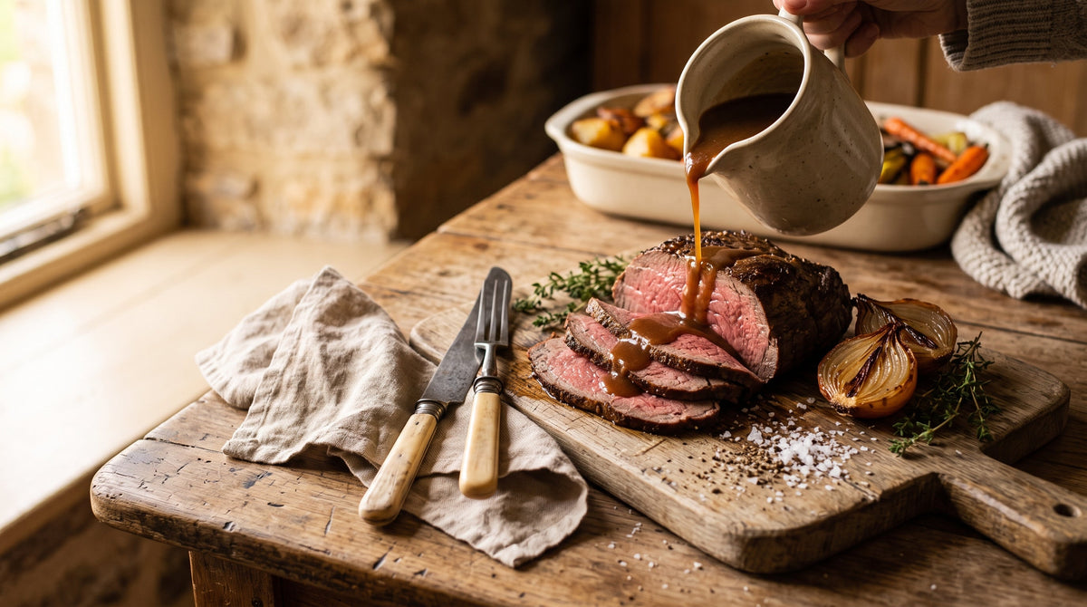 A carved Sunday roast beef with pink medium slices and gravy poured over, made from a grass-fed beef roast.