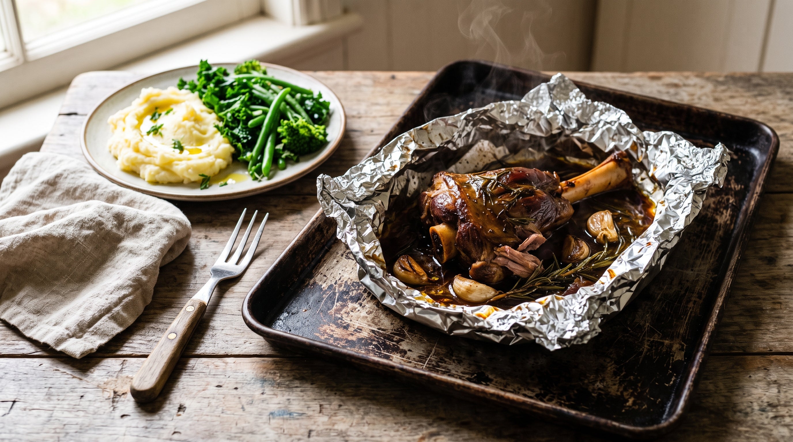 Foil-wrapped oven-baked grass-fed lamb shank opened at the table with garlic, rosemary and pan juices.