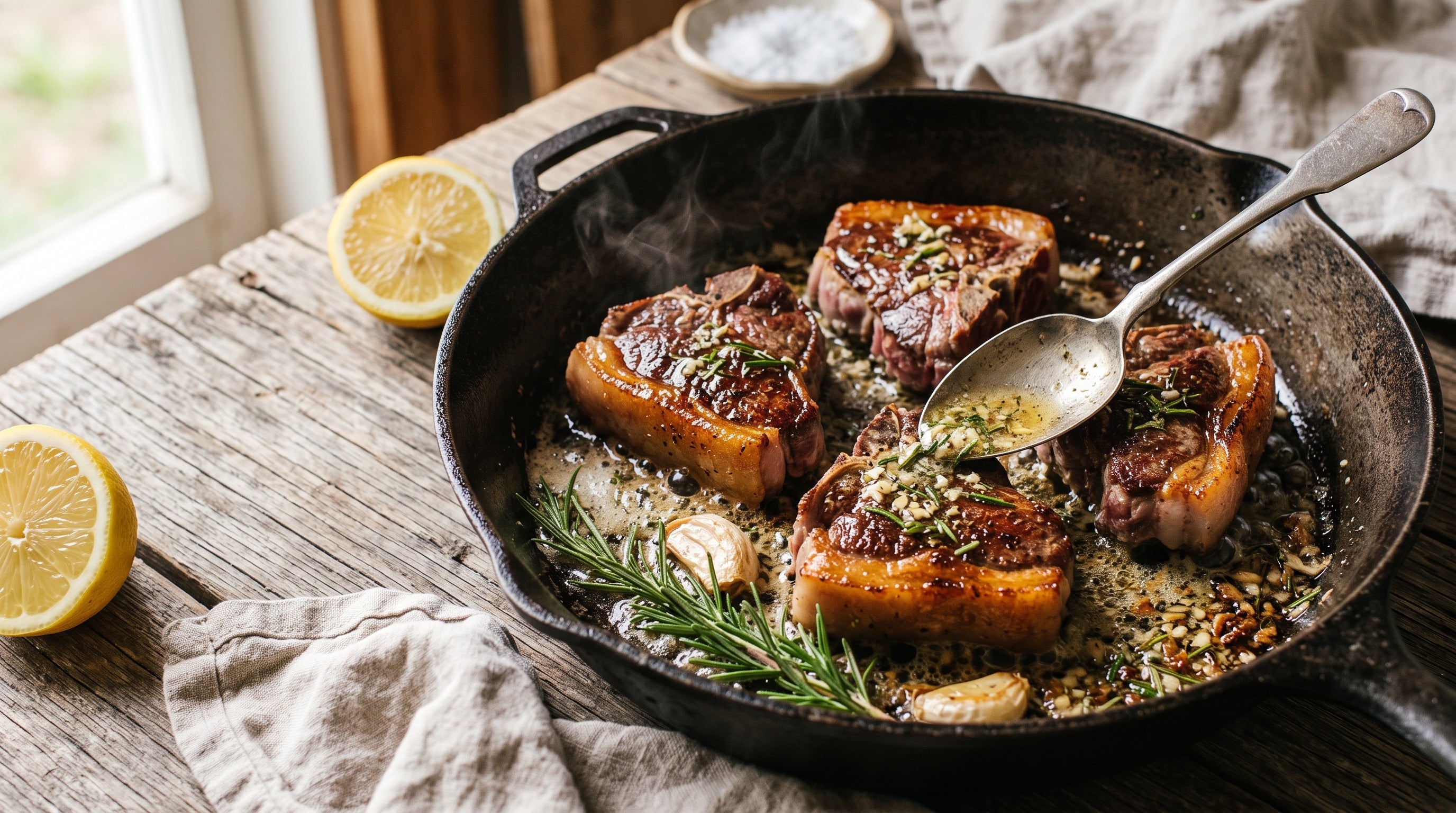 Pan-fried grass-fed lamb loin chops being basted with garlic and rosemary butter in a cast iron pan.