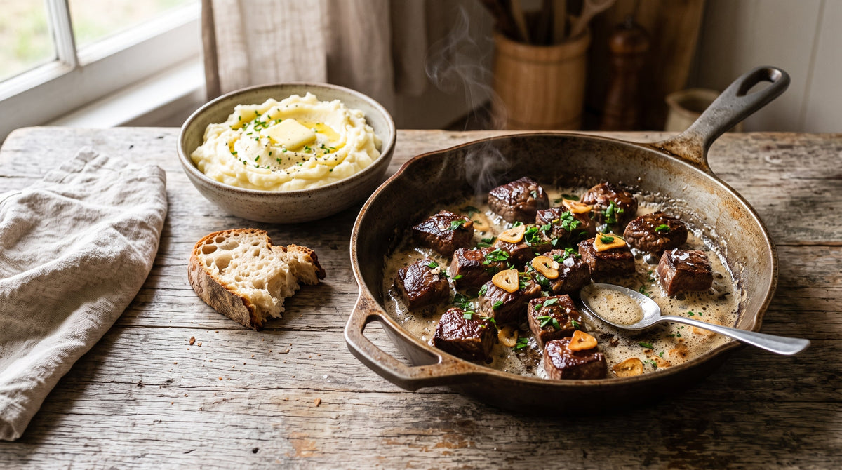 Garlic butter rump steak bites with golden crusts in a cast iron pan, served with creamy mash and crusty bread.