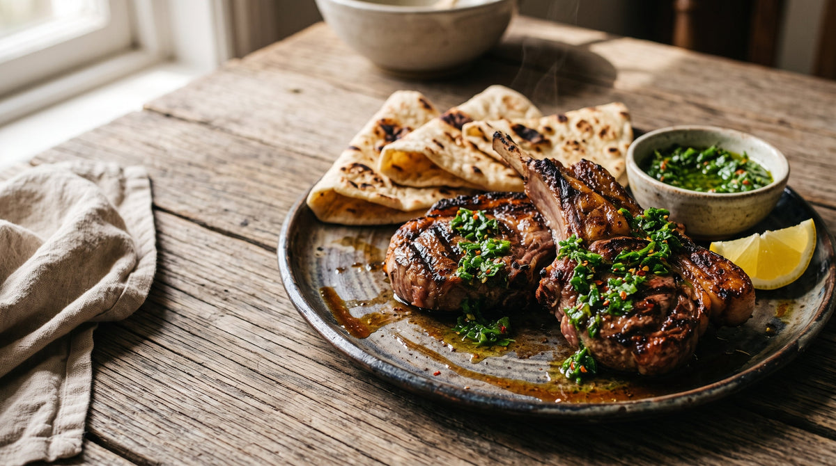 Chargrilled grass-fed lamb chump chops with vivid green Yemeni zhoug sauce and warm flatbreads.