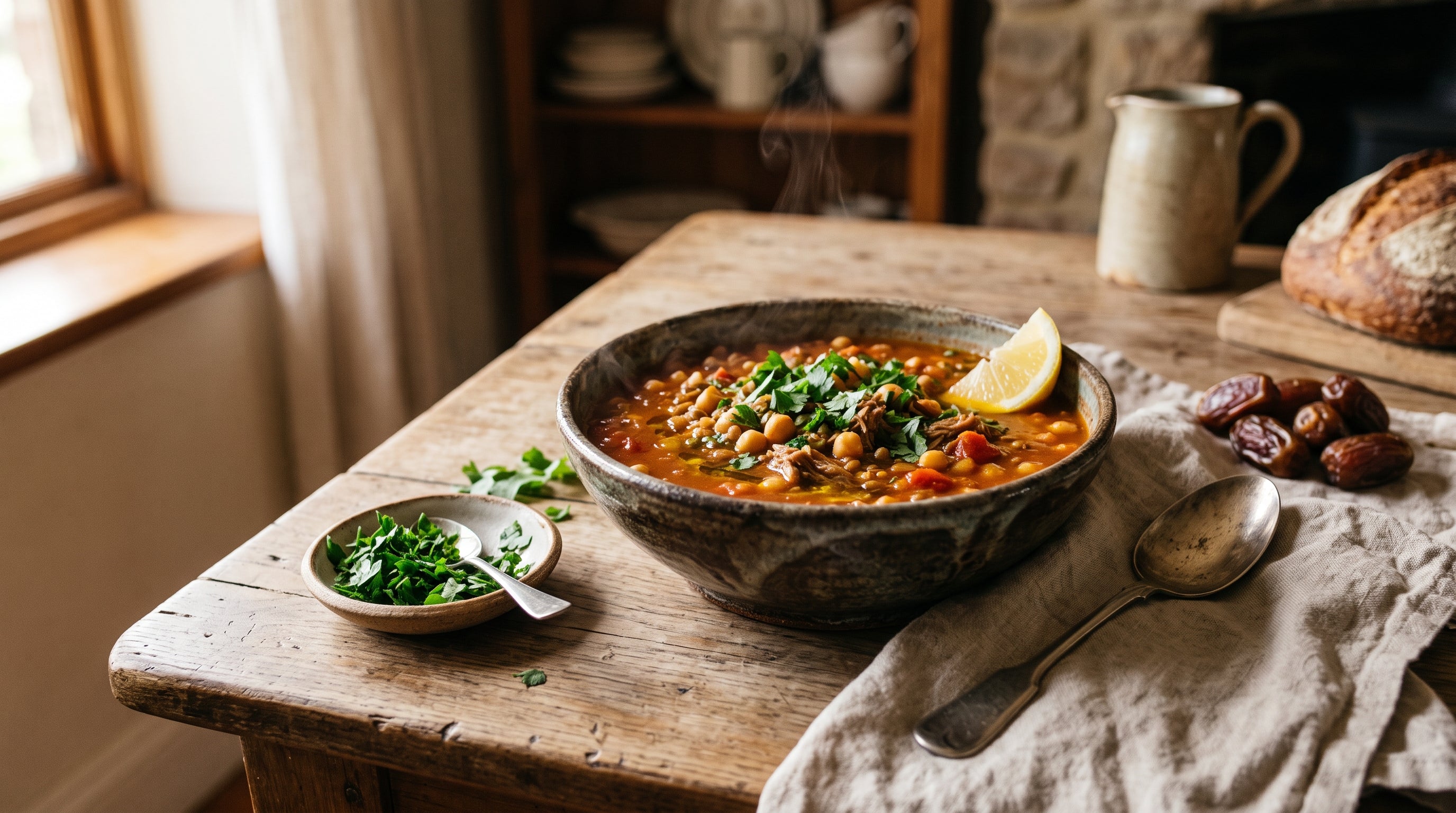 A thick bowl of harira-style lamb and chickpea soup topped with fresh herbs and a lemon wedge.