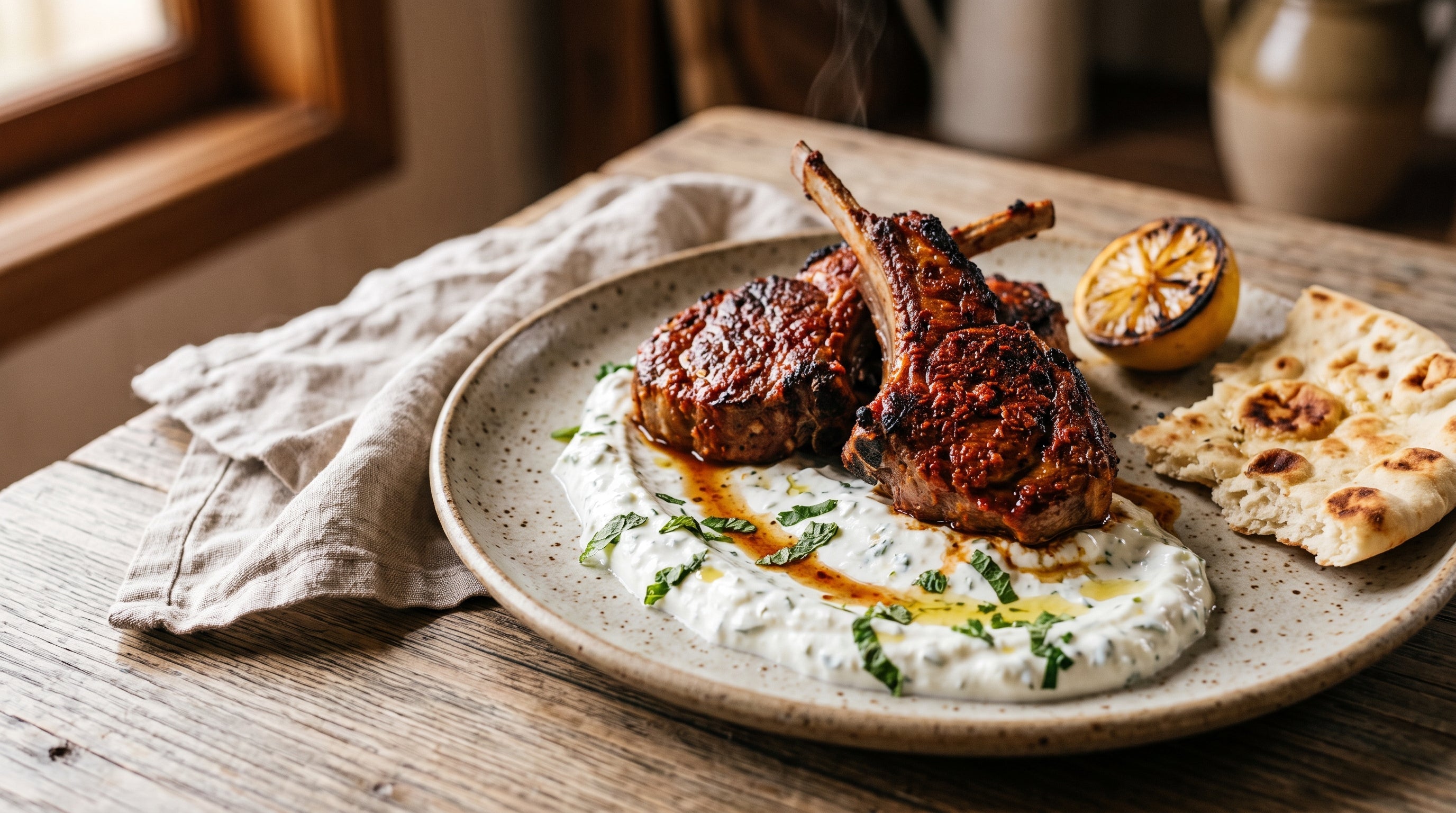 Harissa-crusted grass-fed lamb loin chops served over minted yoghurt with flatbread and lemon.