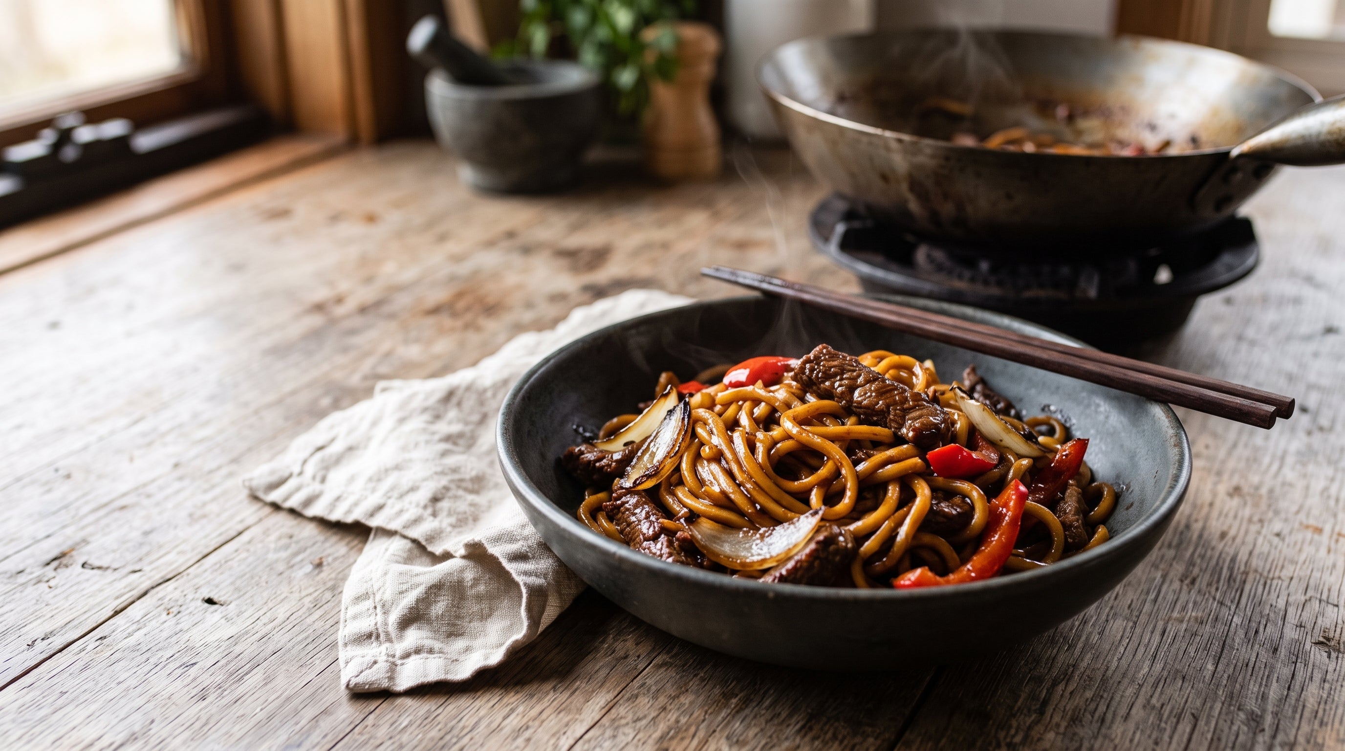 Beef hokkien noodle stir-fry with thin grass-fed BBQ steak strips, capsicum and onion in a glossy oyster sauce.
