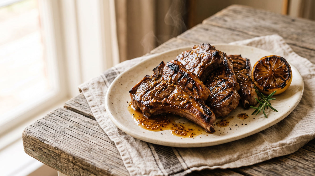 Barbecued grass-fed lamb chump chops glazed with honey and mustard on a serving platter.