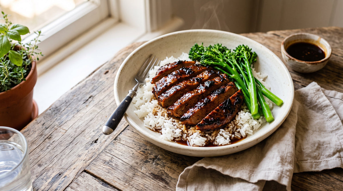 Sliced honey-soy marinated grass-fed BBQ steak served over steamed rice with greens, glazed edges glistening.