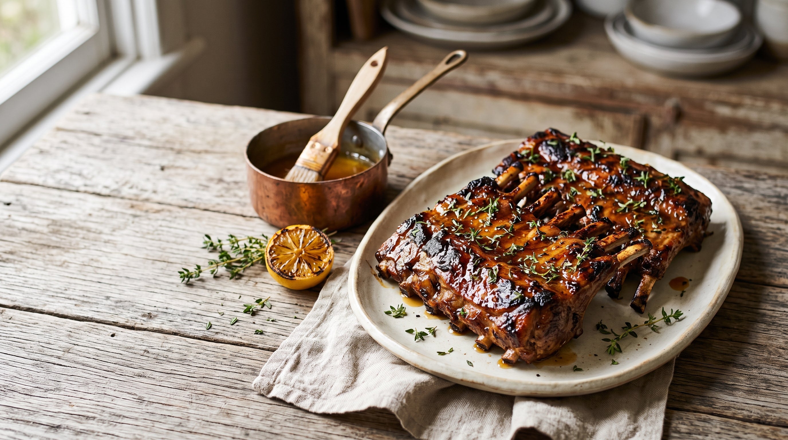 Barbecued grass-fed lamb ribs with a honey and thyme glaze, caramelised and resting on a stoneware platter.