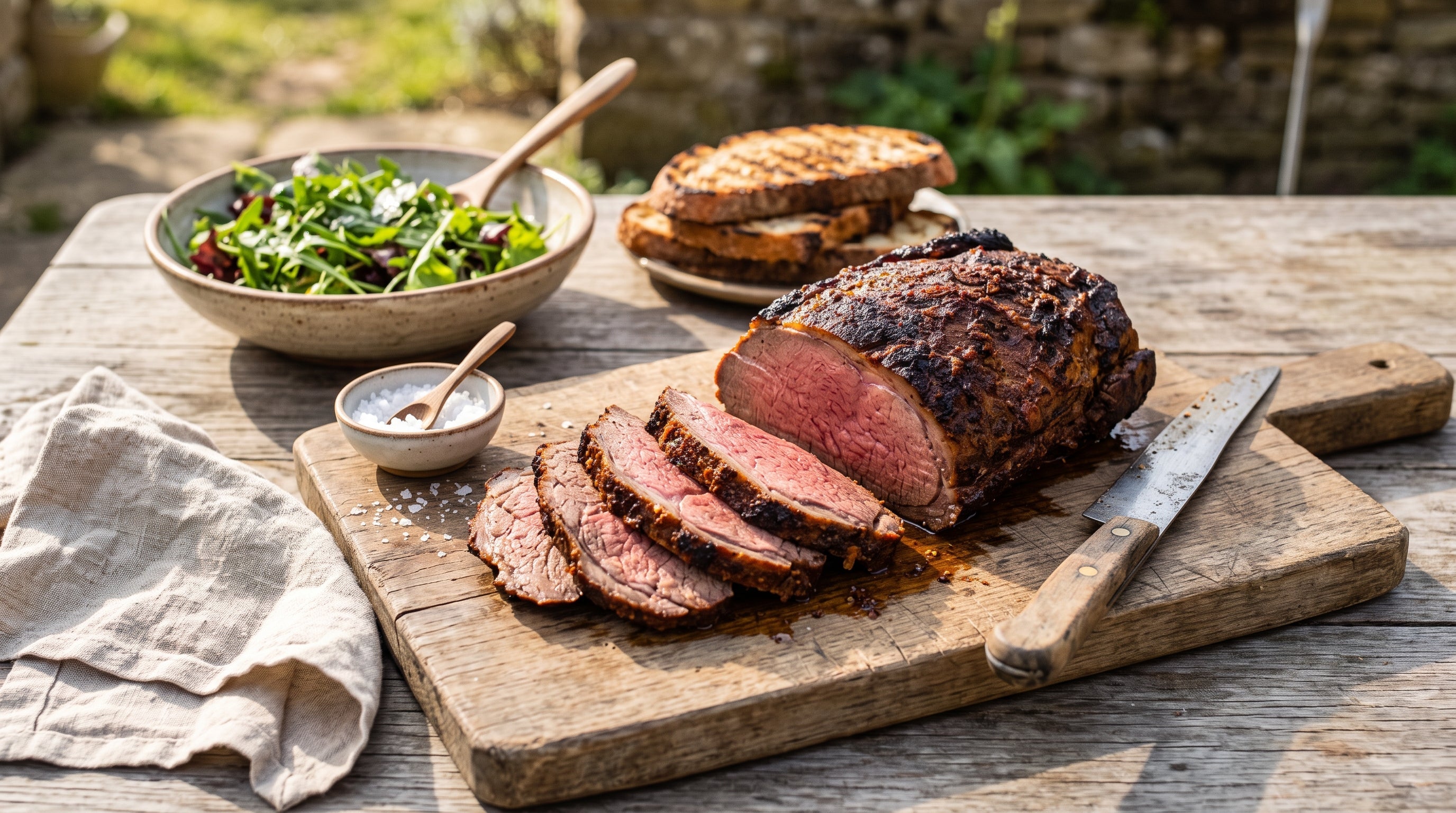 Smoky hooded-barbecue roast beef with a paprika rub crust, carved to show a pink medium-rare centre.