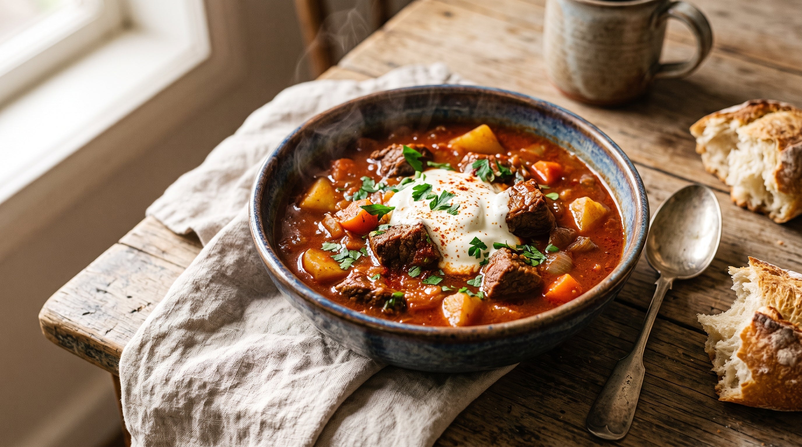 A bowl of Hungarian beef goulash made with grass-fed diced beef and potatoes in a rich paprika sauce, topped with sour cream.