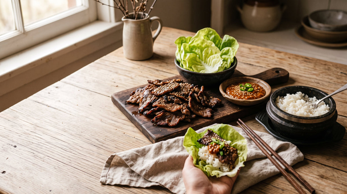 Korean-style grilled grass-fed BBQ steak sliced for lettuce wraps with ssamjang, rice and crisp lettuce cups.
