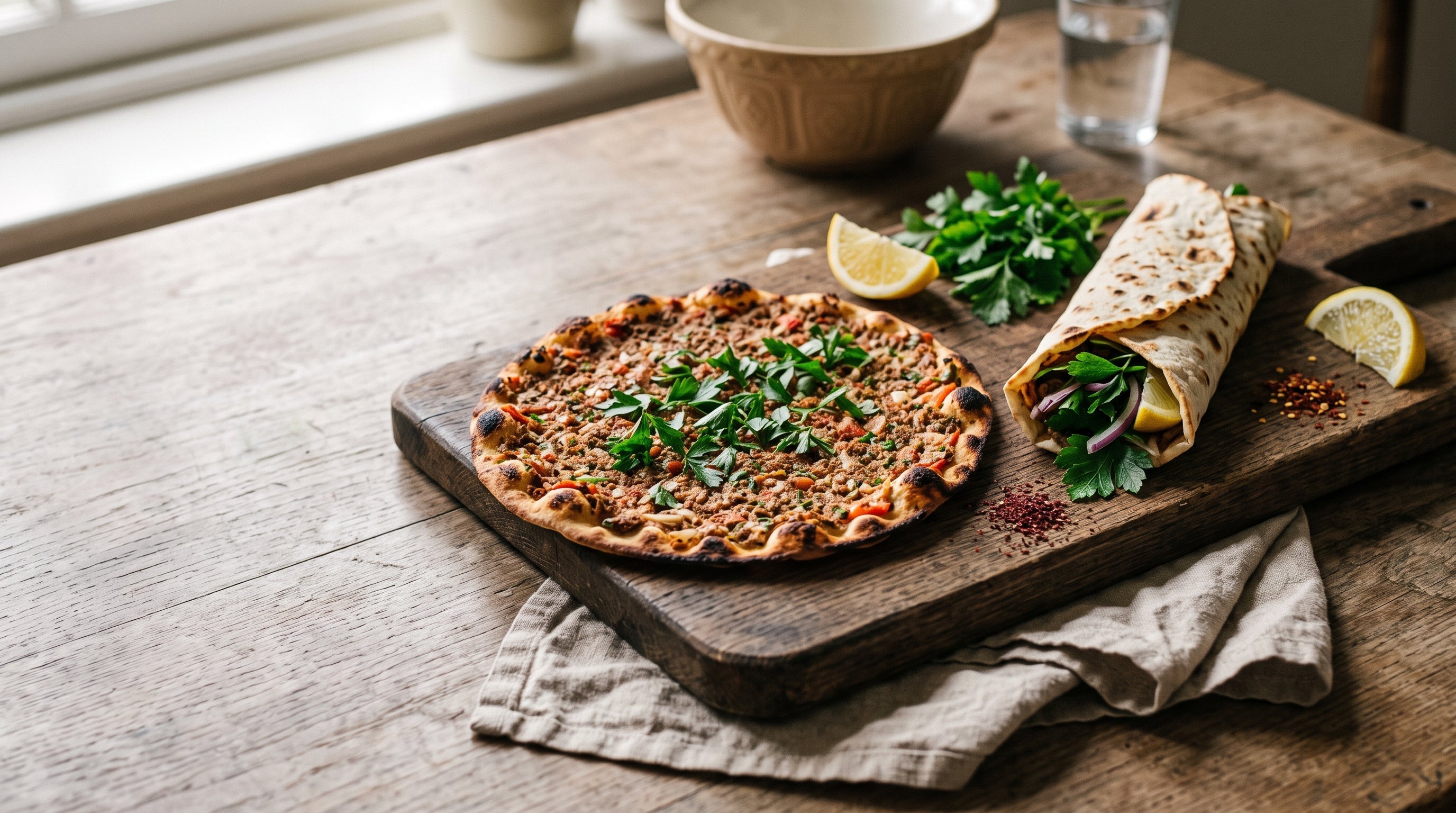 Turkish lahmacun flatbreads topped with spiced grass-fed lamb mince, served with parsley, red onion and lemon.