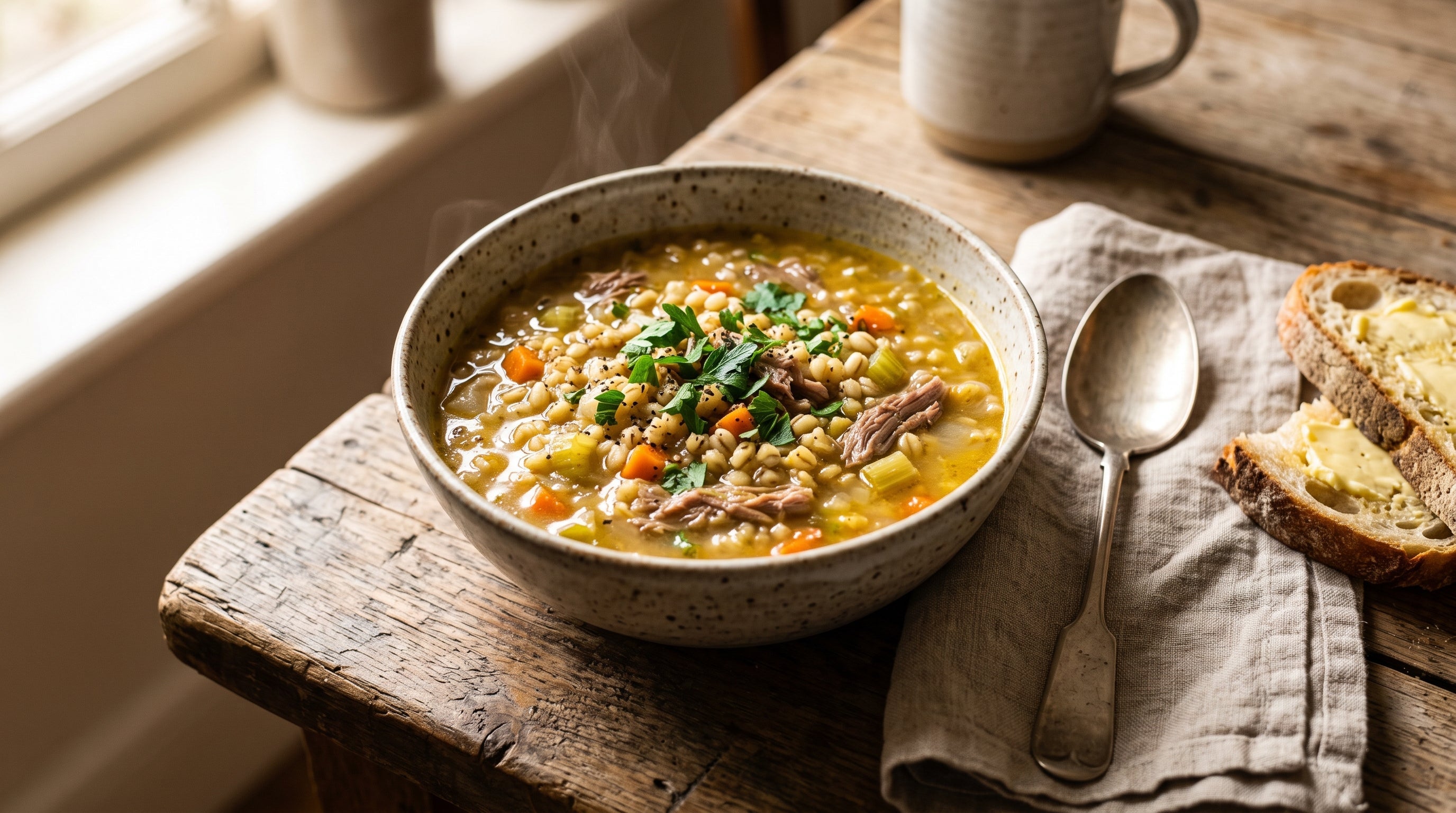 A hearty bowl of lamb and barley soup made from forequarter chops, topped with fresh parsley.